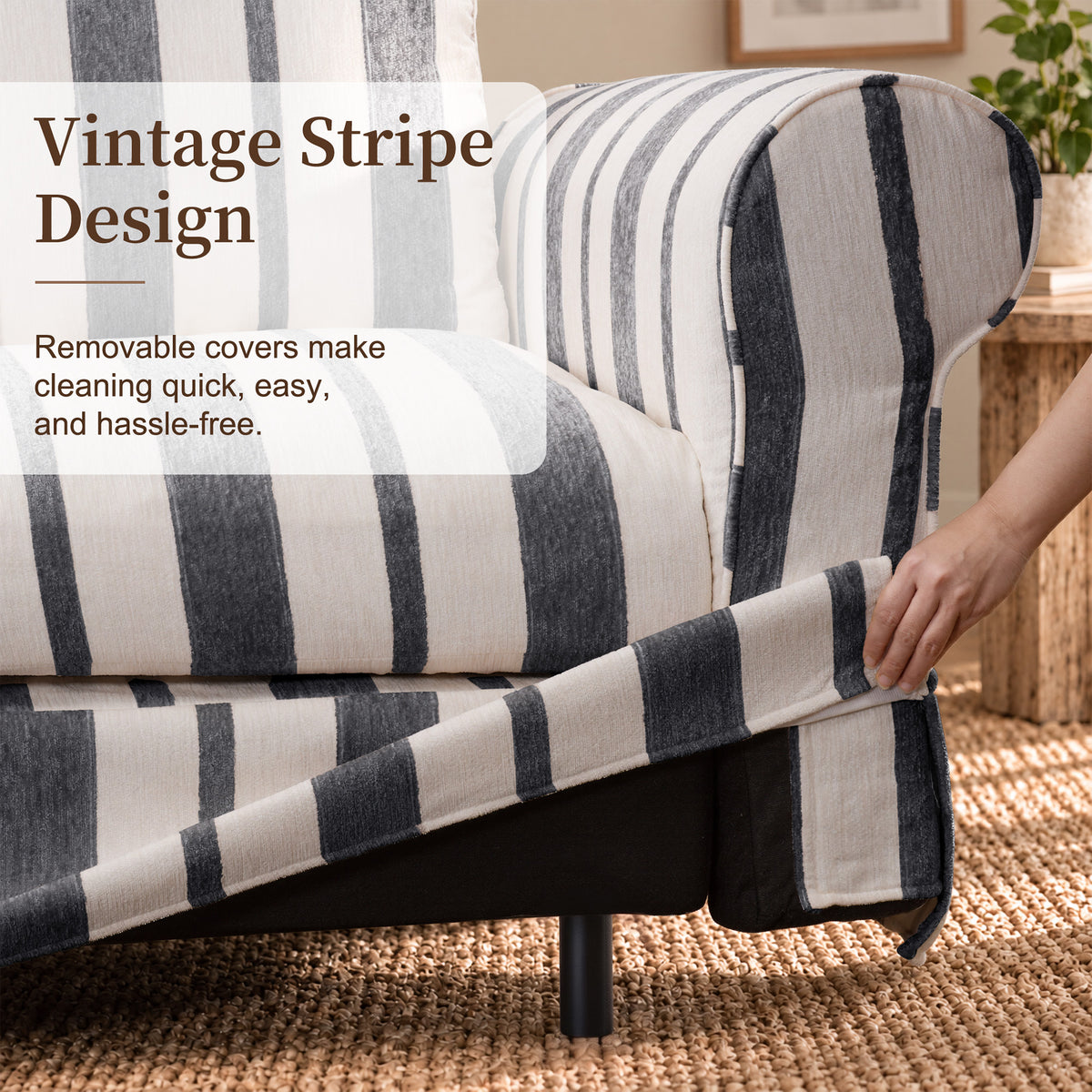 Vorthio 89" 3 Seater Couch for Living Room, Farmhouse Striped Chenille Couch, Living Room Sofa with Deep Seat, Washable Cover, Charcoal