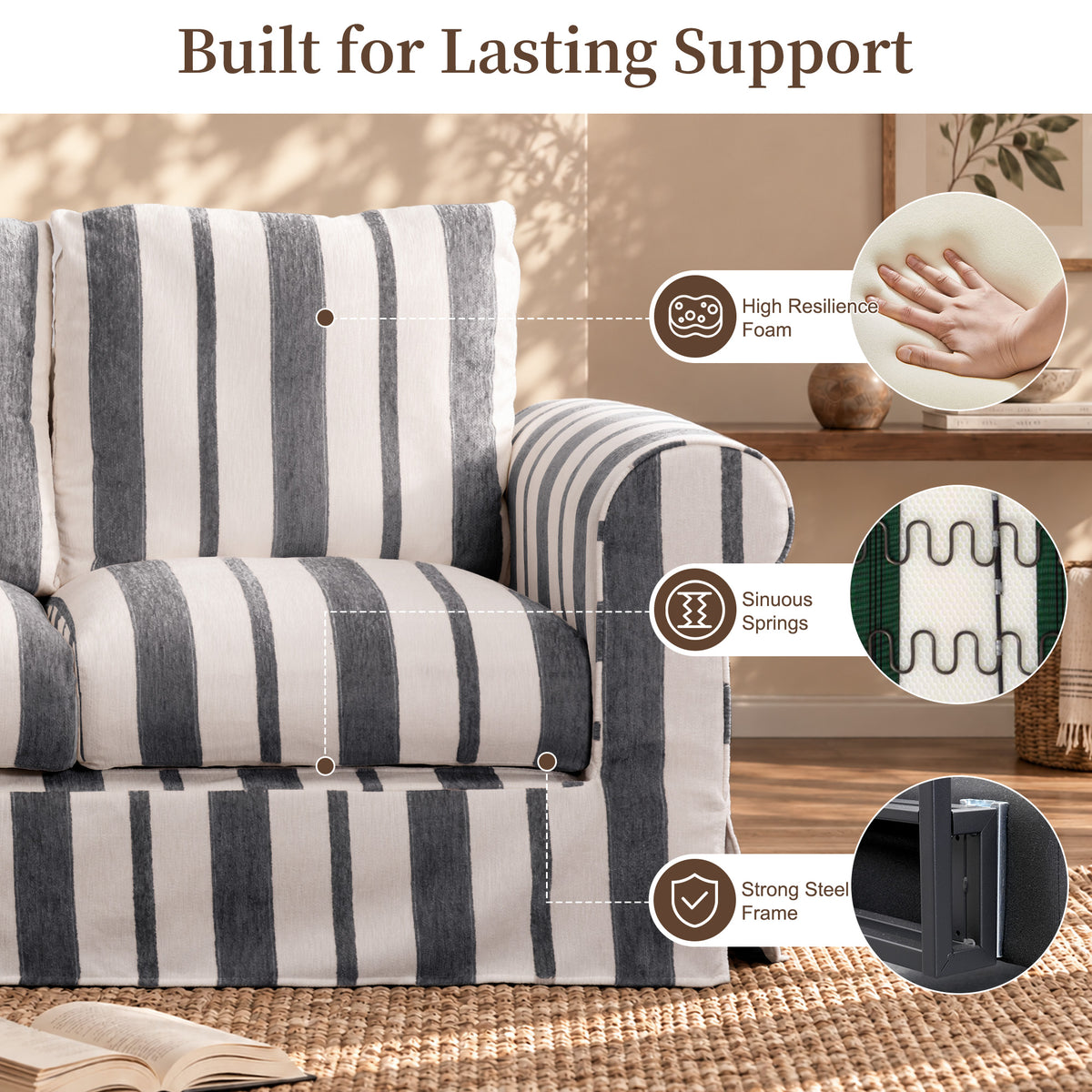 Vorthio 89" 3 Seater Couch for Living Room, Farmhouse Striped Chenille Couch, Living Room Sofa with Deep Seat, Washable Cover, Charcoal