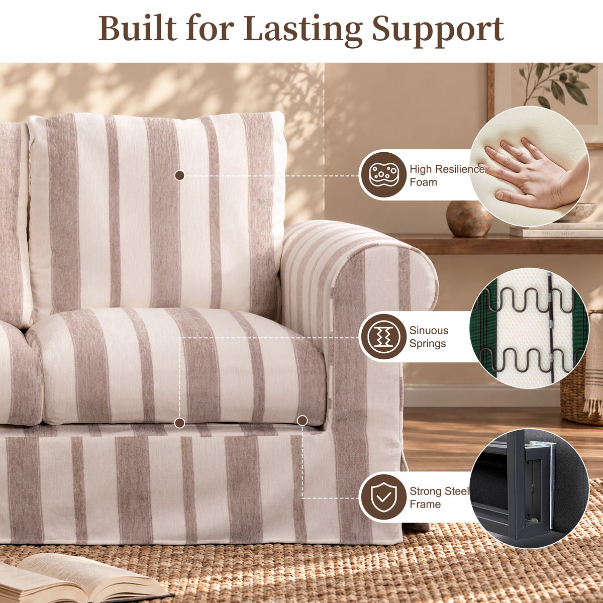 Vorthio 89" 3 Seater Couch for Living Room, Striped Chenille Beige Couch, Living Room Sofa with Deep Seat, Washable Cover, Beige