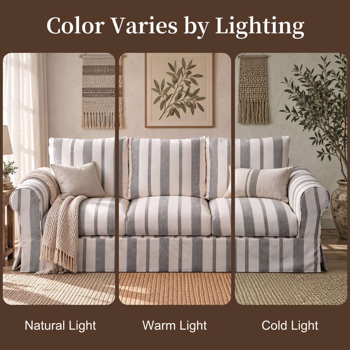 Vorthio 89" 3 Seater Couch for Living Room, Farmhouse Striped Chenille Couch, Living Room Sofa with Deep Seat, Washable Cover, Light Gray