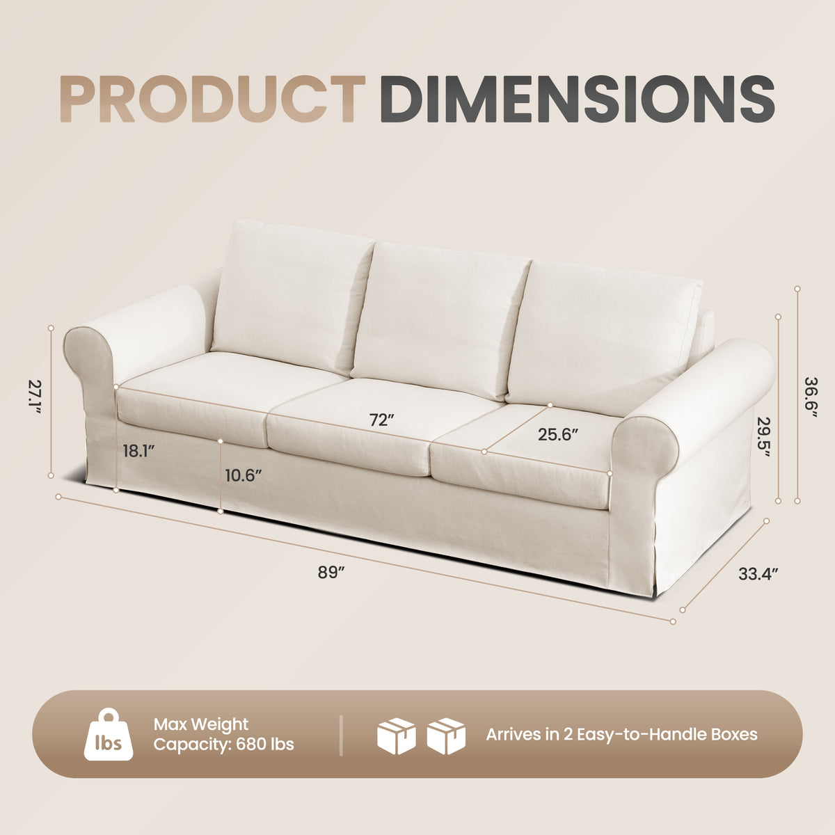 Vorthio 89" 3-Seater Couch for Living Room, Contemporary Fabric Sofa with Rolled Arm, White