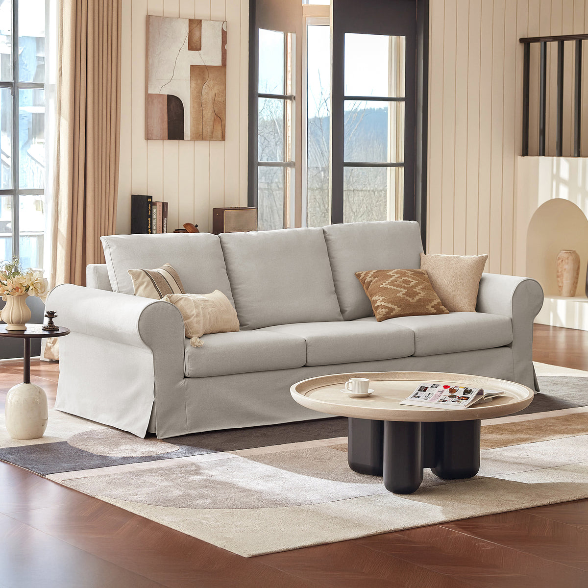 Vorthio 89" 3-Seater Couch for Living Room, Contemporary Fabric Sofa with Rolled Arm, Gray