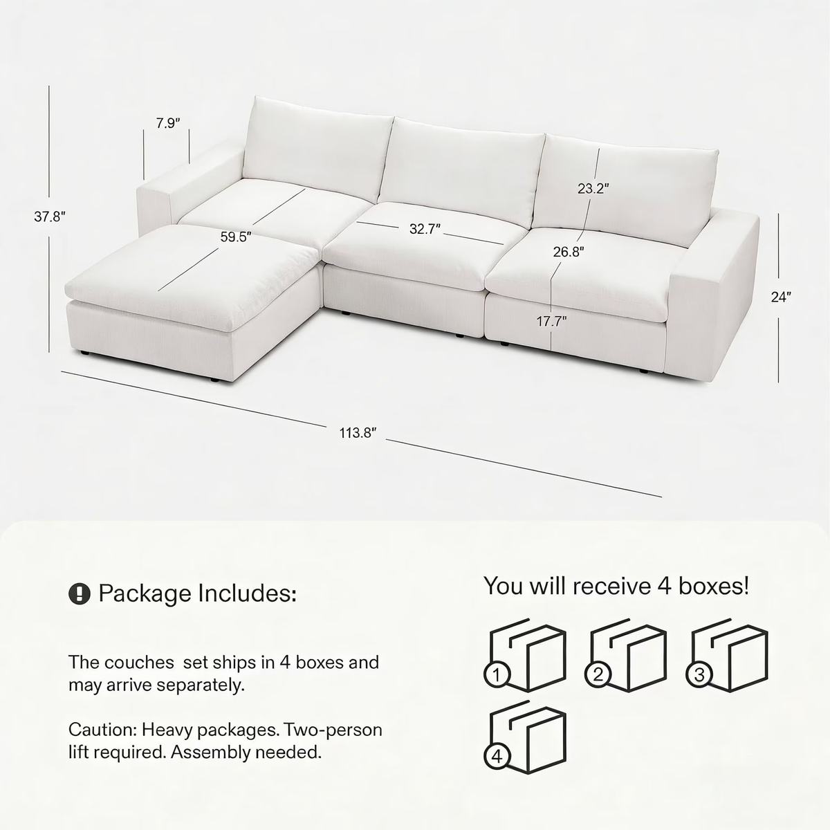 Vorthio 113.8" Cloud Couch Oversized Modular Sectional Sofa, 3 Seater with Ottoman, Modern L Shaped Comfy Sofa, Wide & Deep Seat Couches with Metal Frame, White