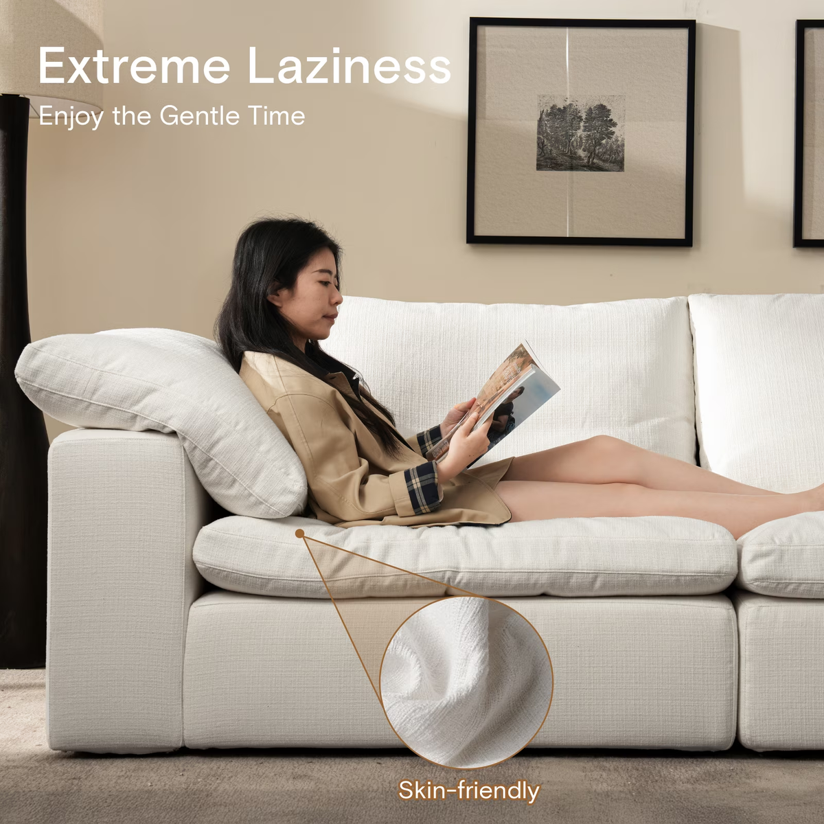 Vorthio 113.8" Cloud Couch Oversized Modular Sectional Sofa, 3 Seater with Ottoman, Modern L Shaped Comfy Sofa, Wide & Deep Seat Couches with Metal Frame, White