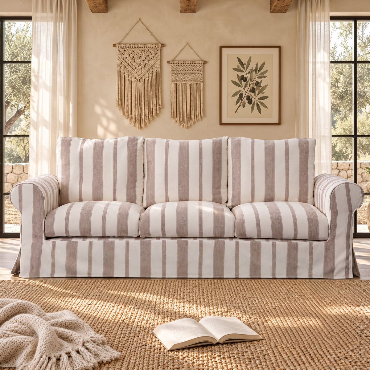Vorthio 89" 3 Seater Couch for Living Room, Striped Chenille Beige Couch, Living Room Sofa with Deep Seat, Washable Cover, Beige