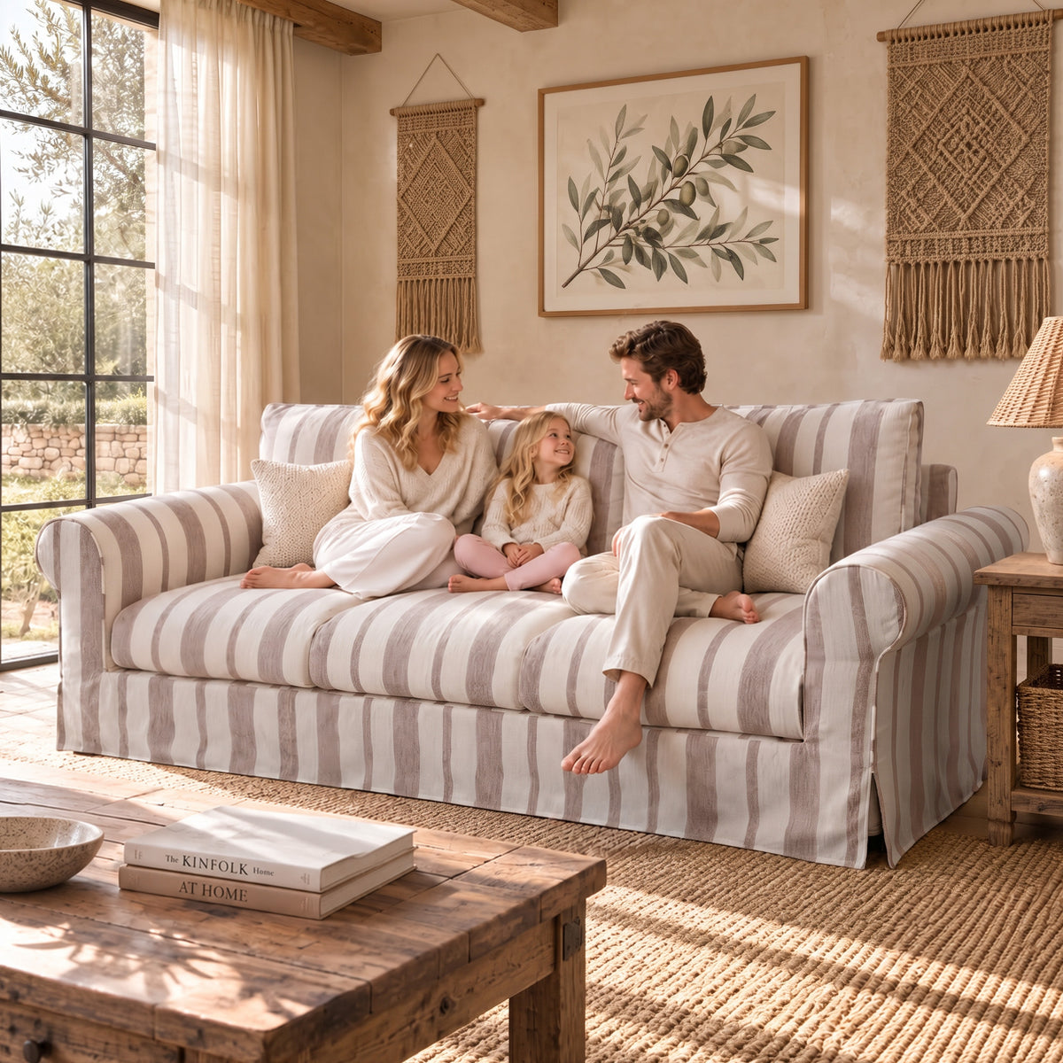 Vorthio 89" 3 Seater Couch for Living Room, Striped Chenille Beige Couch, Living Room Sofa with Deep Seat, Washable Cover, Beige