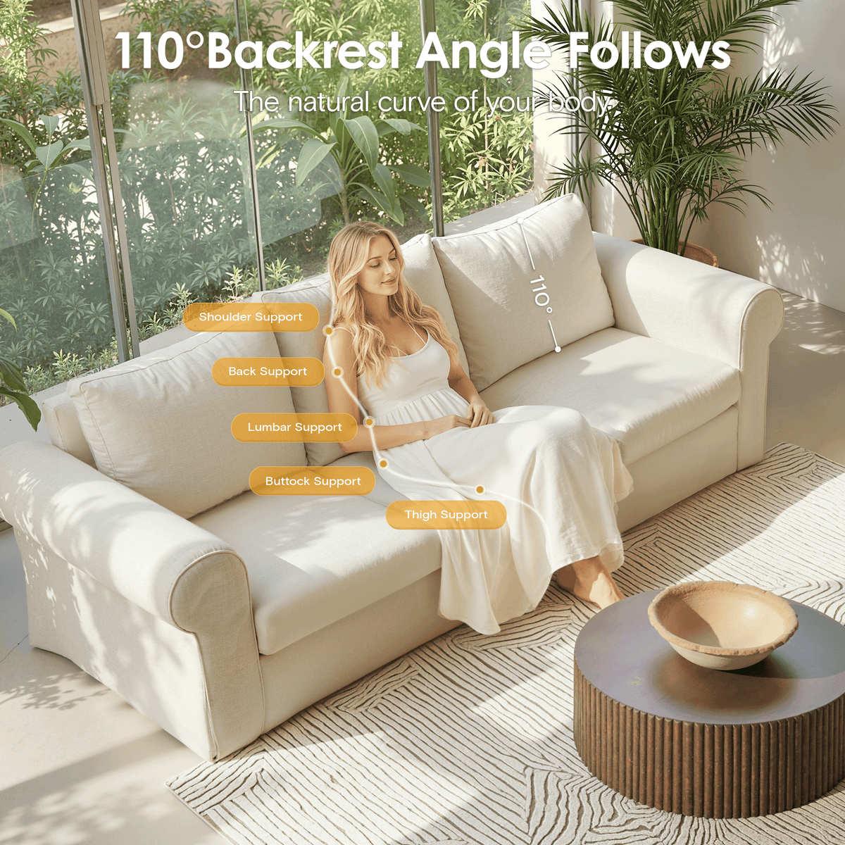 Vorthio 3-Seater Farmhouse Sofa, Deep Seat Couch with High Back Support, Removable Washable Cover, White