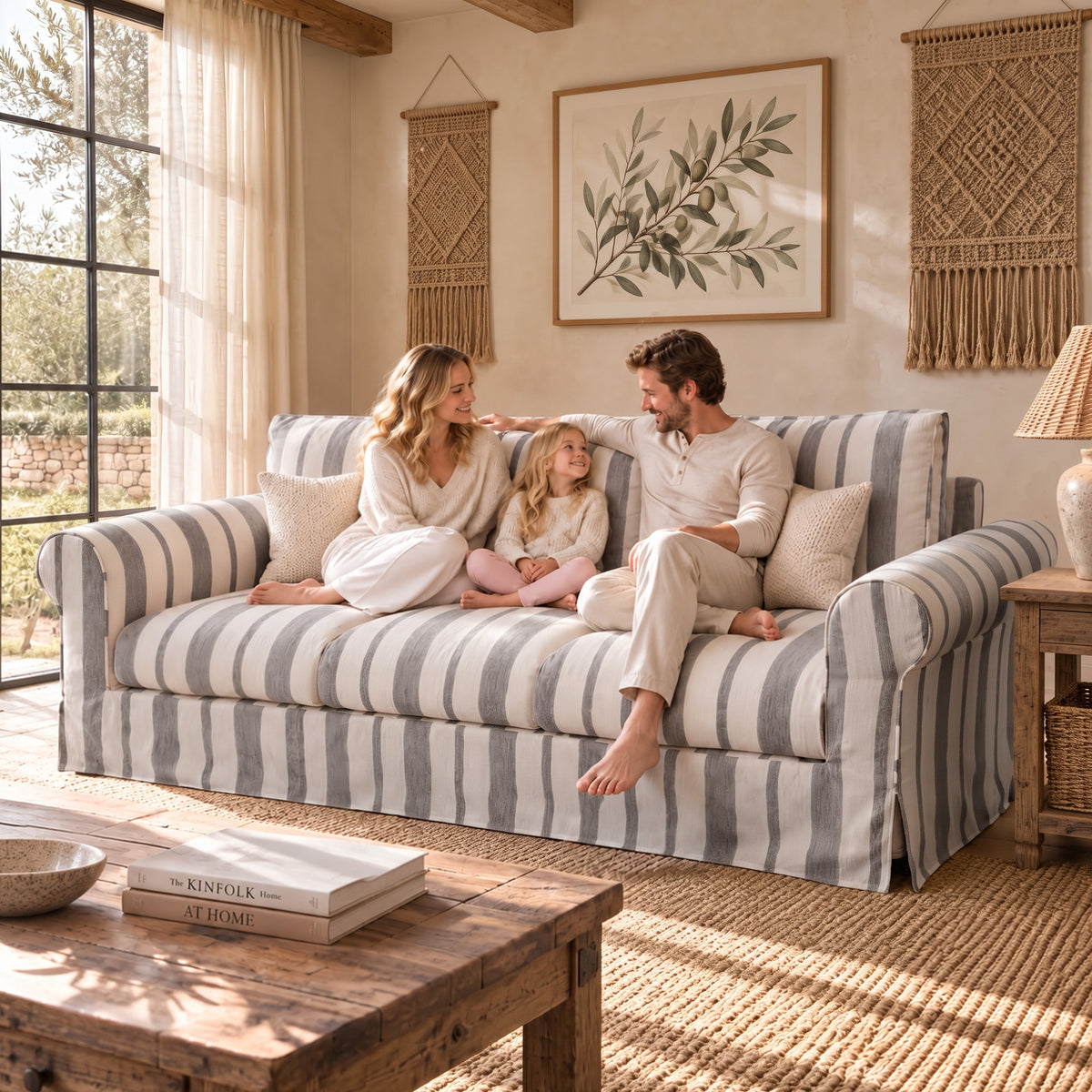 Vorthio 89" 3 Seater Couch for Living Room, Farmhouse Striped Chenille Couch, Living Room Sofa with Deep Seat, Washable Cover, Light Gray