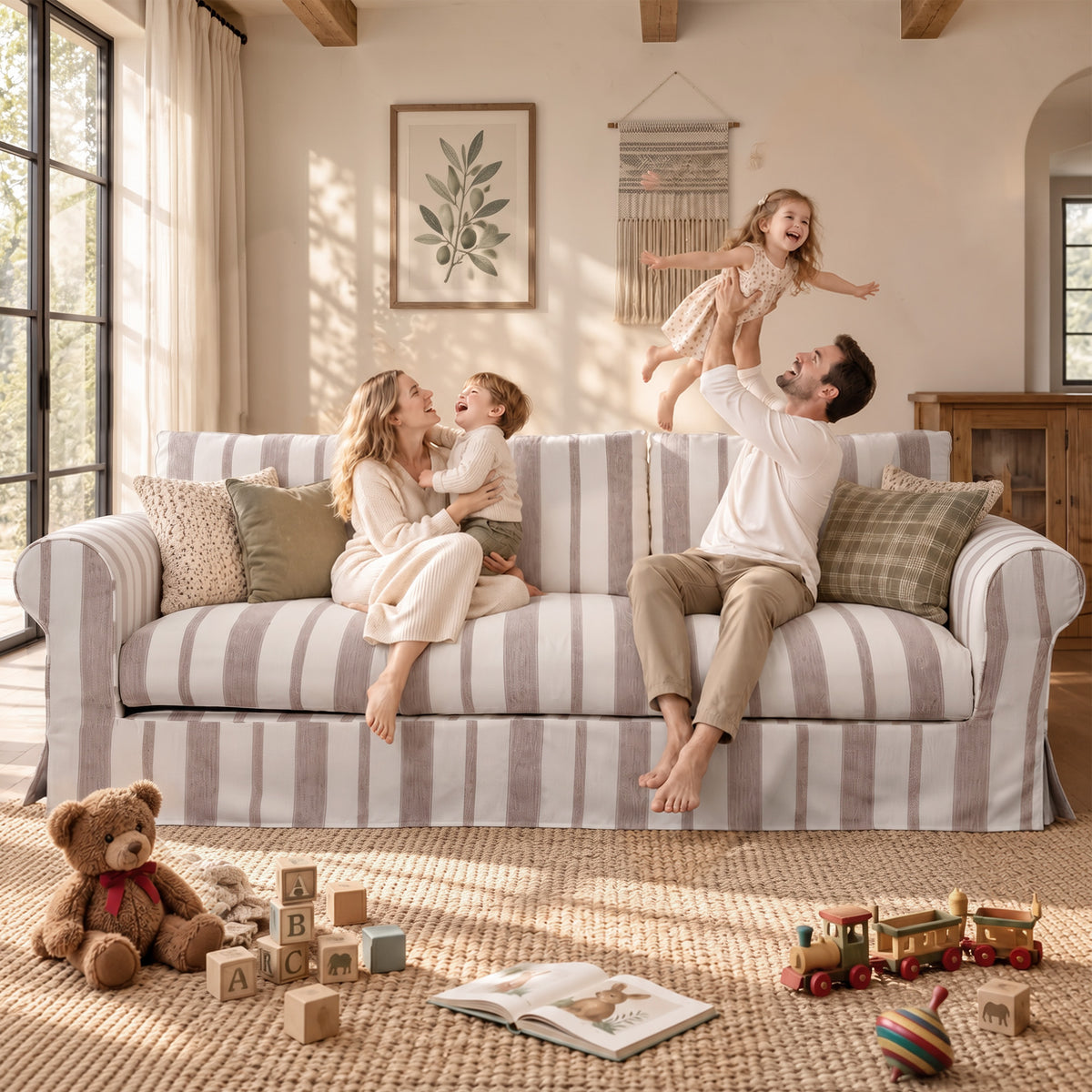 Vorthio 89" 3 Seater Couch for Living Room, Striped Chenille Beige Couch, Living Room Sofa with Deep Seat, Washable Cover, Beige