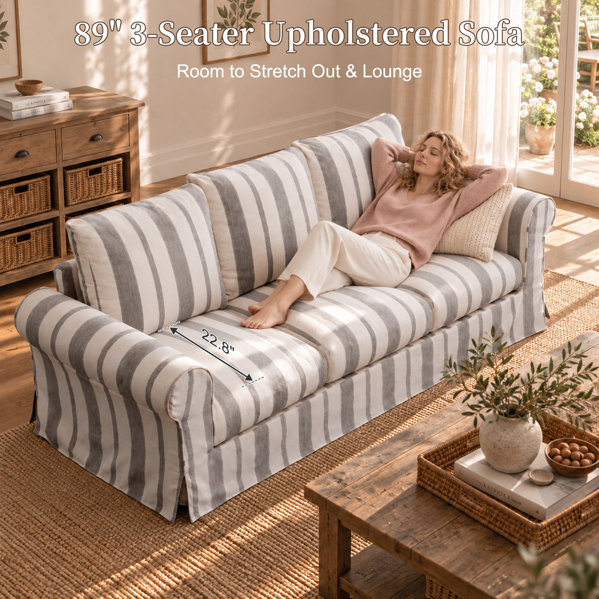 Vorthio 89" 3 Seater Couch for Living Room, Farmhouse Striped Chenille Couch, Living Room Sofa with Deep Seat, Washable Cover, Light Gray