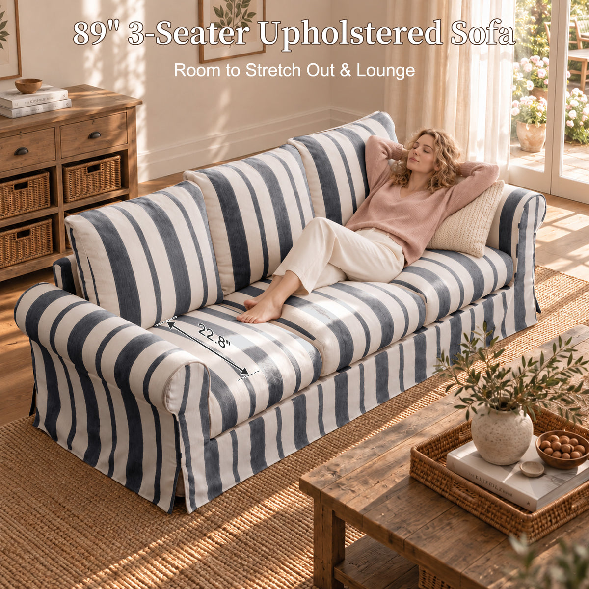 Vorthio 89" 3 Seater Couch for Living Room, Farmhouse Striped Chenille Couch, Living Room Sofa with Deep Seat, Washable Cover, Charcoal