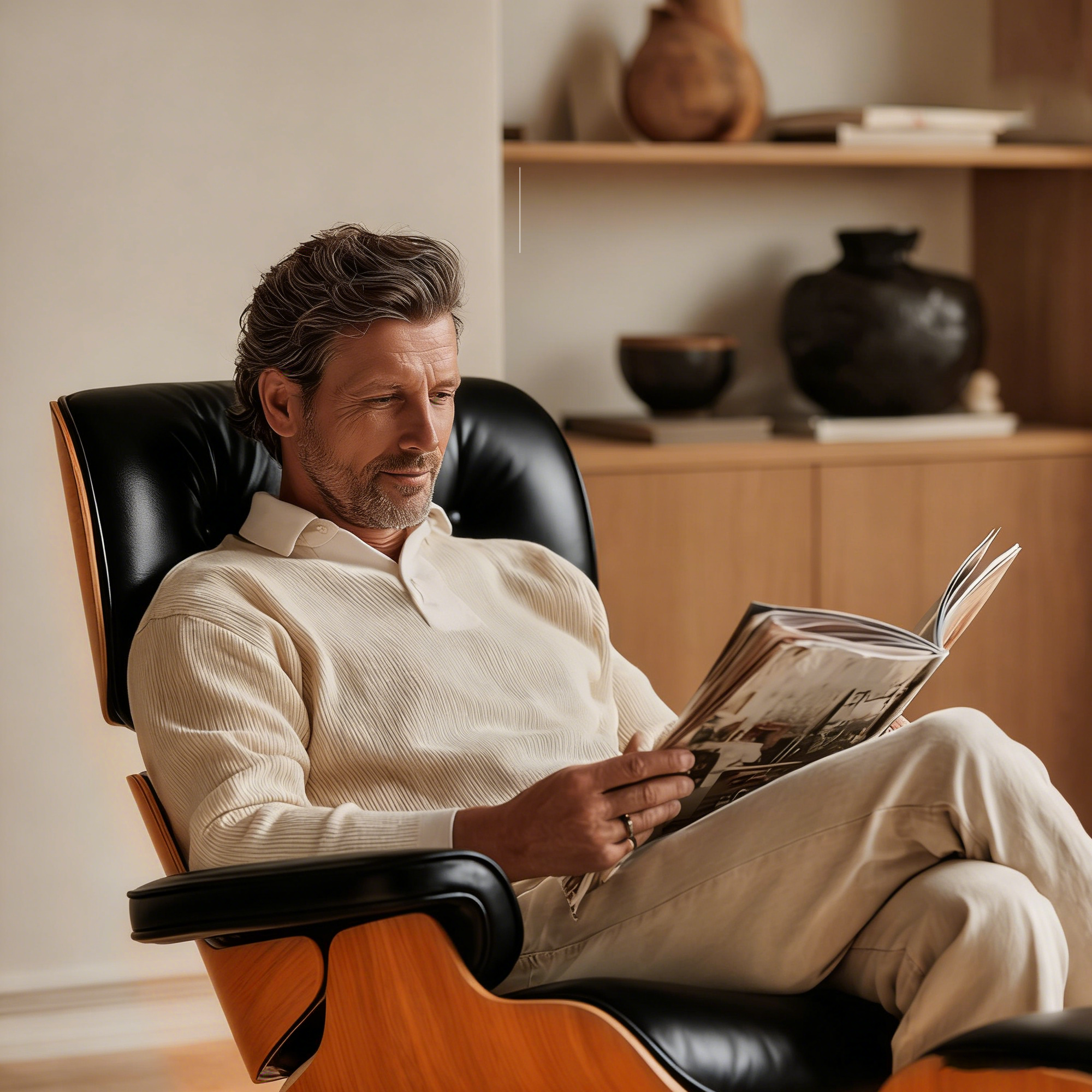 Mid-Century Lounge Chair and Ottoman - Taller - Walnut wood - Black