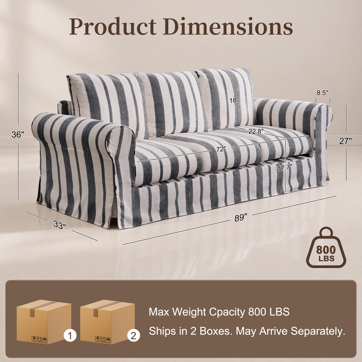 Vorthio 89" 3 Seater Couch for Living Room, Farmhouse Striped Chenille Couch, Living Room Sofa with Deep Seat, Washable Cover, Charcoal