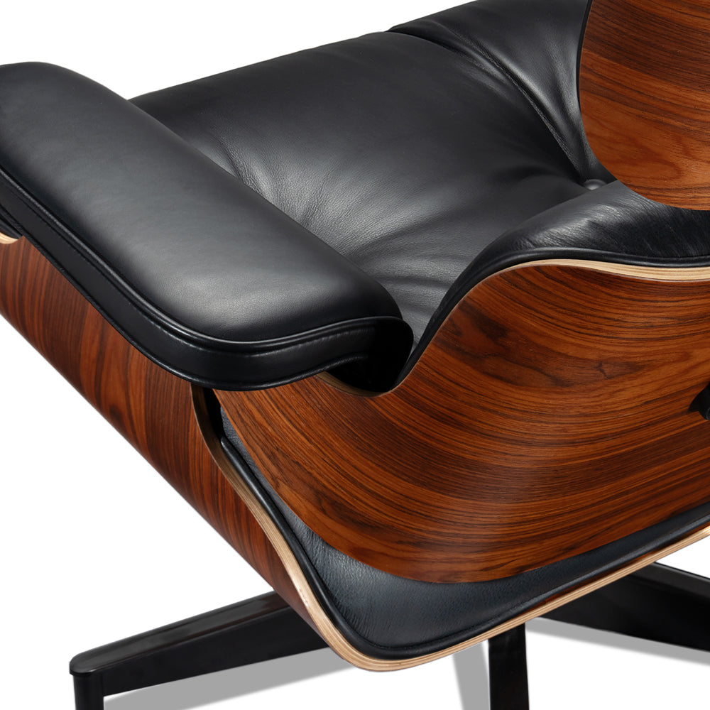 Mid-Century Chaise Lounge Chair in Top-Grain Leather- A+ Premium Taller - Red Rosewood - Black