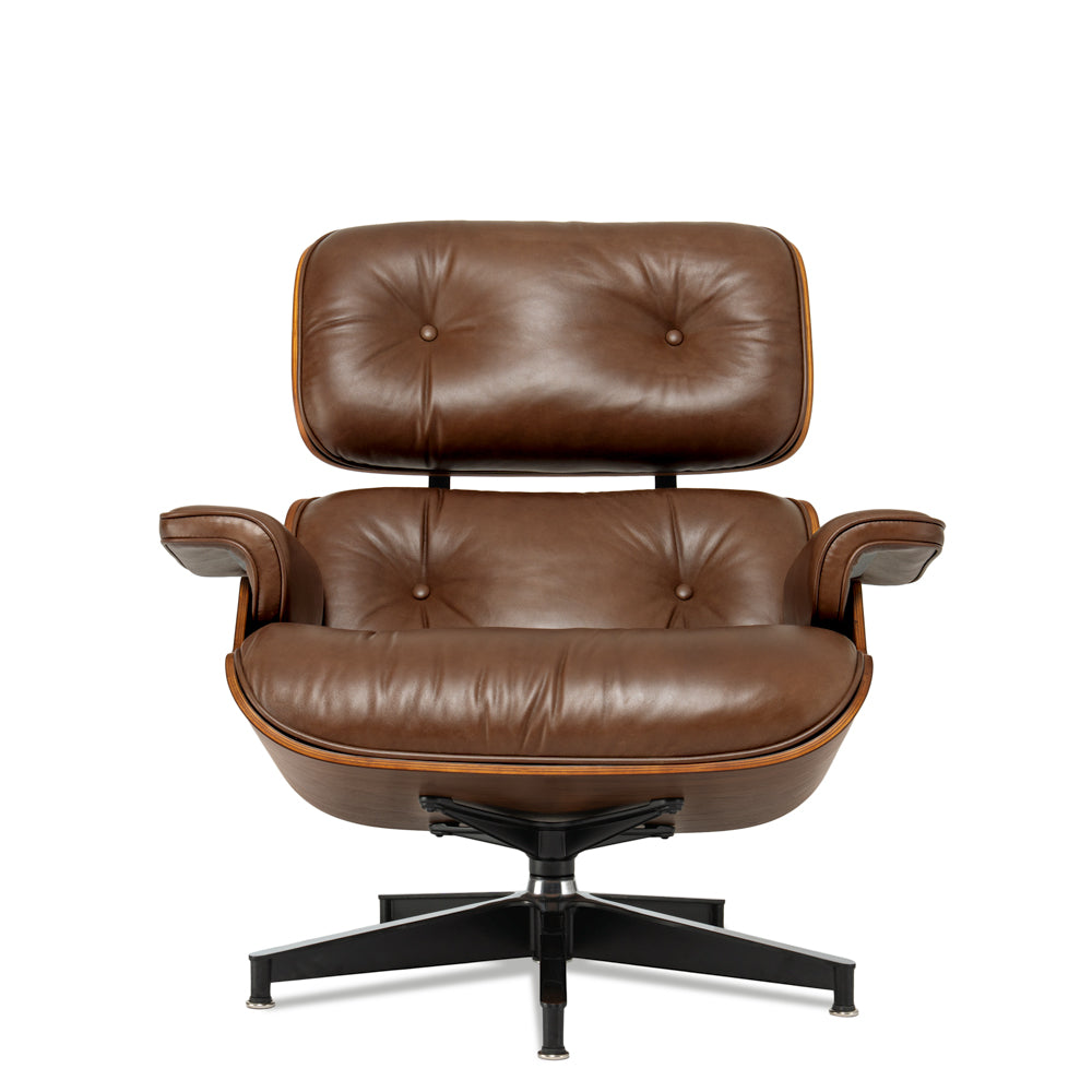 Mid-Century Lounge Chair and Ottoman - A+ Premium - Taller - Walnut wood - Wax leather - Vintage Brown