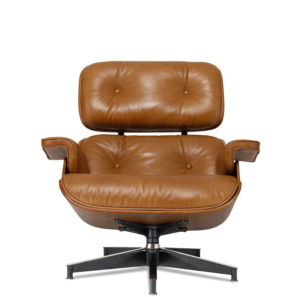 Mid-Century Lounge Chair and Ottoman - A+ Premium - Taller - Walnut wood - Wax leather - Leather Brown