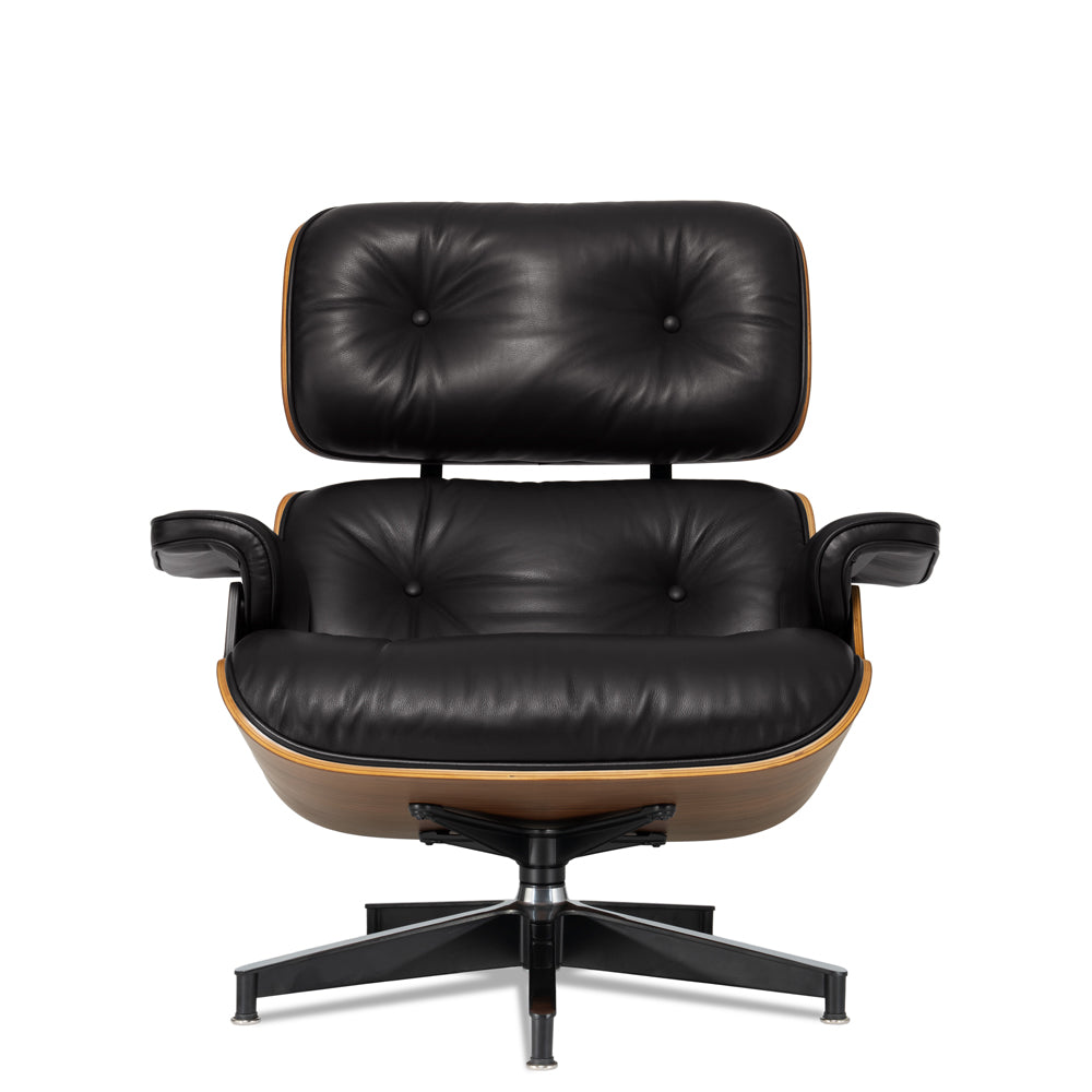Mid-Century Chaise Lounge Chair in Top-Grain Leather- A+ Premium Taller - Walnut wood - Black