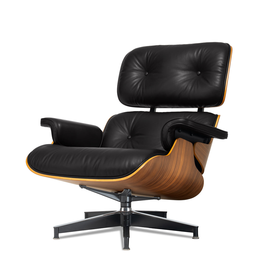 Mid-Century Chaise Lounge Chair in Top-Grain Leather- A+ Premium Taller - Walnut wood - Black