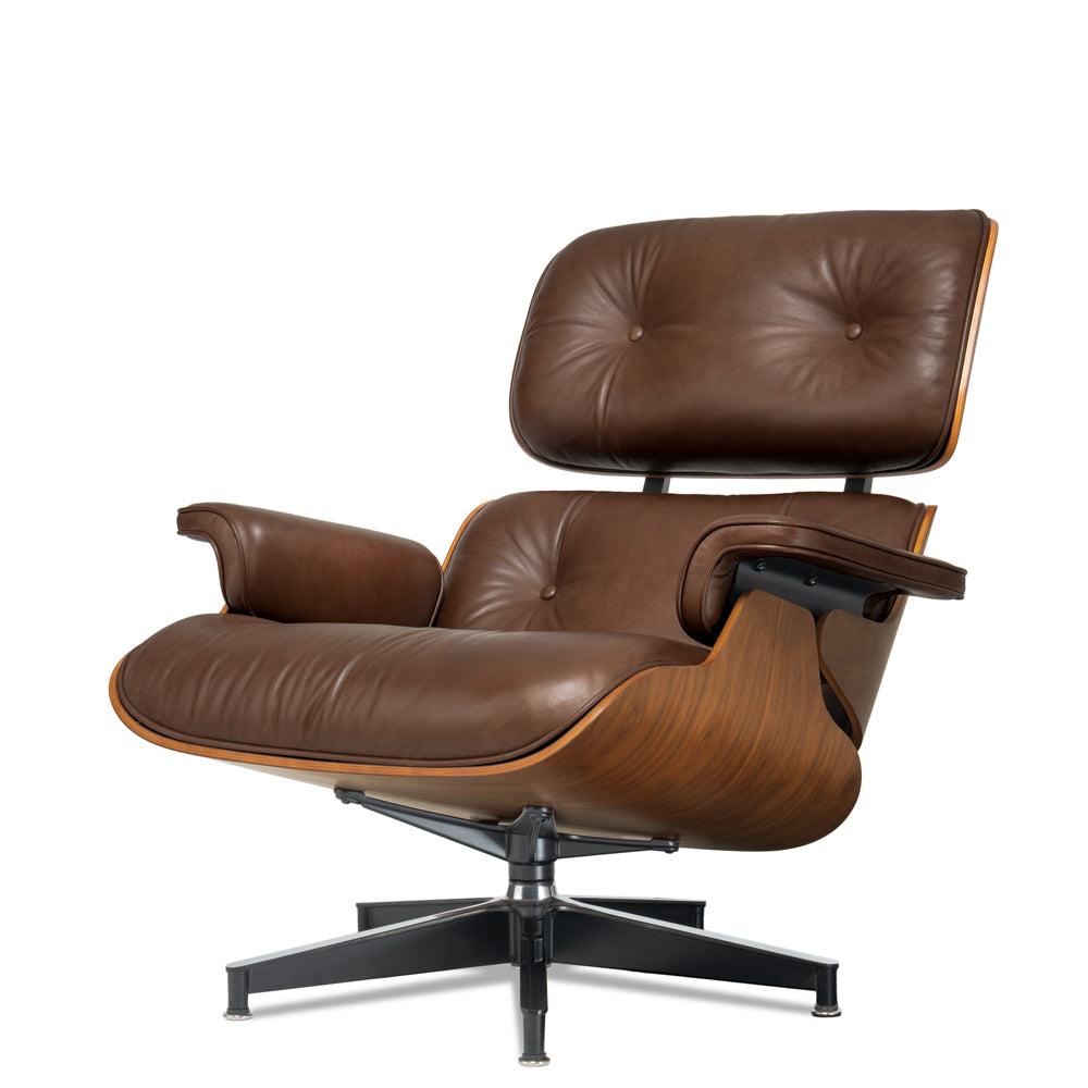 Mid-Century Lounge Chair and Ottoman - A+ Premium - Taller - Walnut wood - Wax leather - Vintage Brown