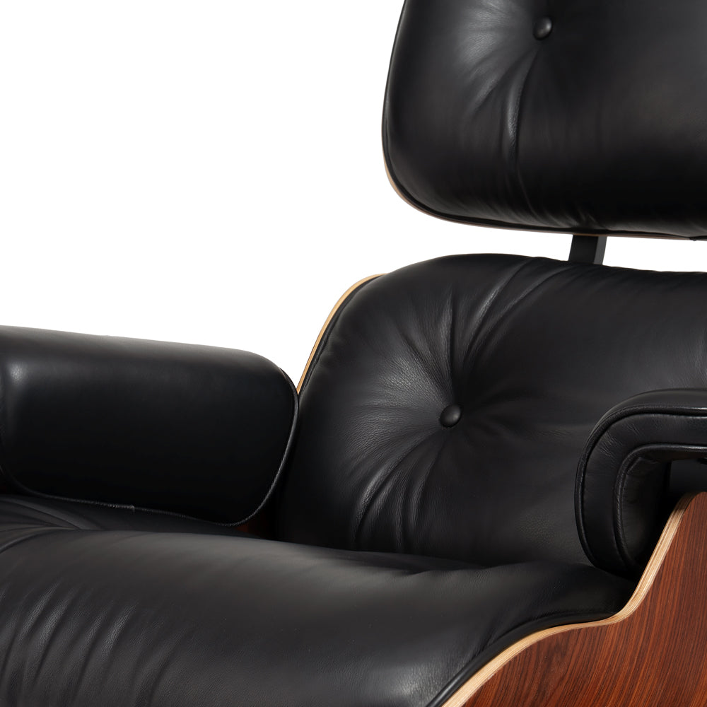 Mid-Century Chaise Lounge Chair in Top-Grain Leather- A+ Premium Taller - Red Rosewood - Black