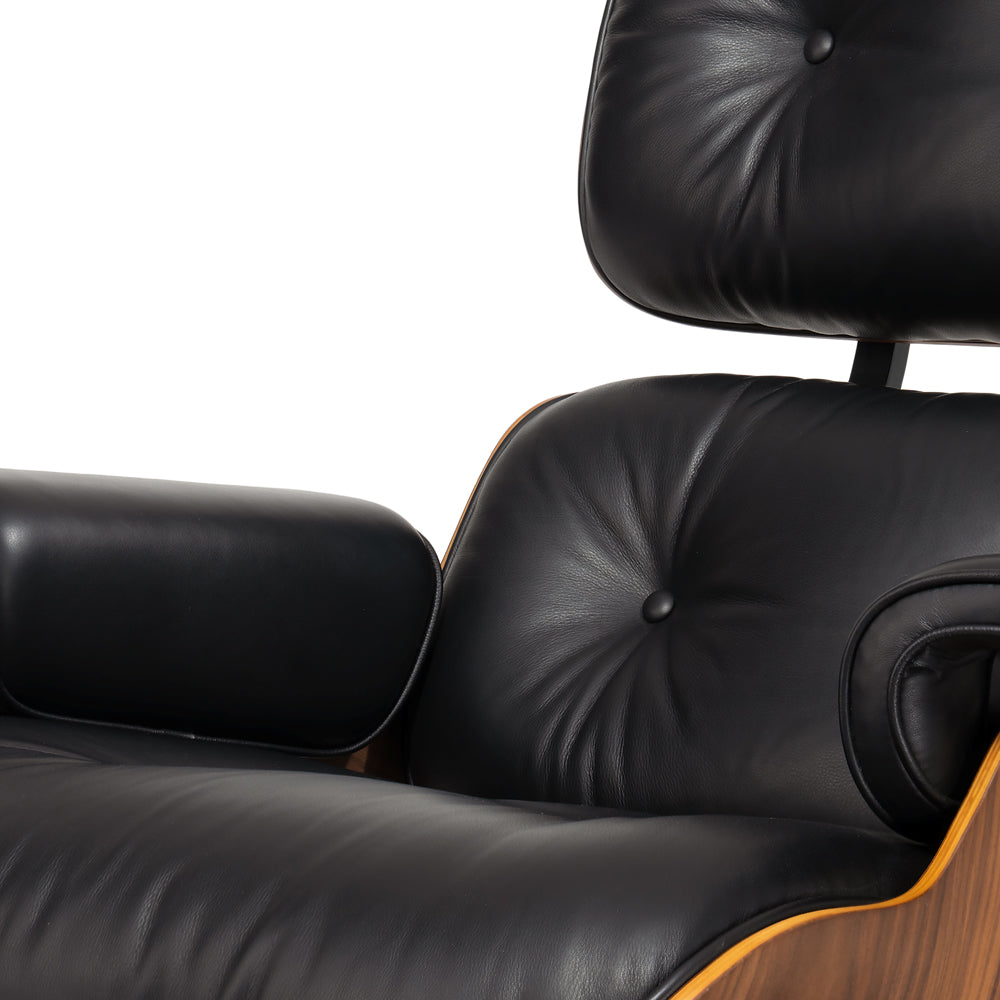 Mid-Century Chaise Lounge Chair in Top-Grain Leather- A+ Premium Taller - Walnut wood - Black