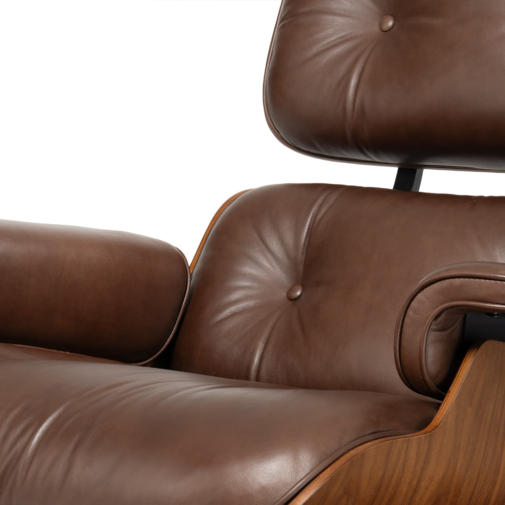 Mid-Century Lounge Chair and Ottoman - A+ Premium - Taller - Walnut wood - Wax leather - Vintage Brown