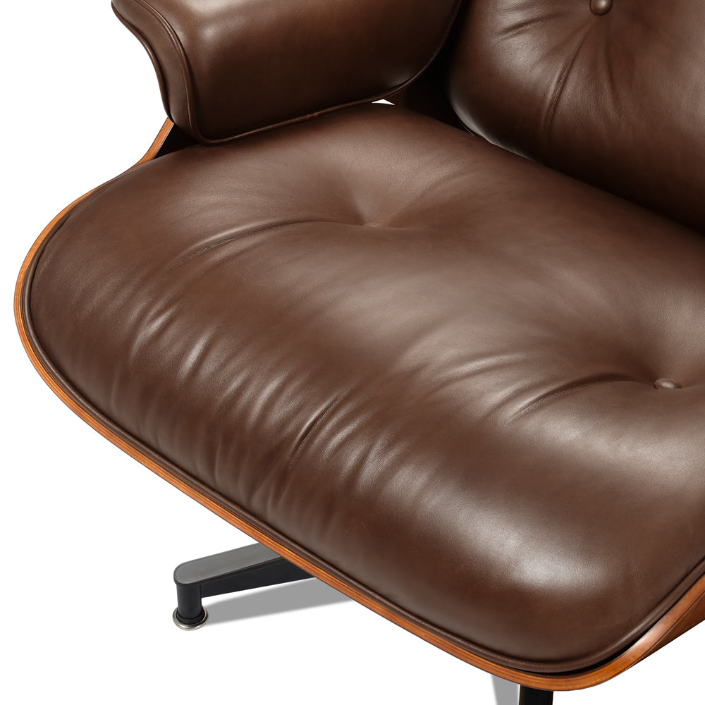 Mid-Century Lounge Chair and Ottoman - A+ Premium - Taller - Walnut wood - Wax leather - Vintage Brown