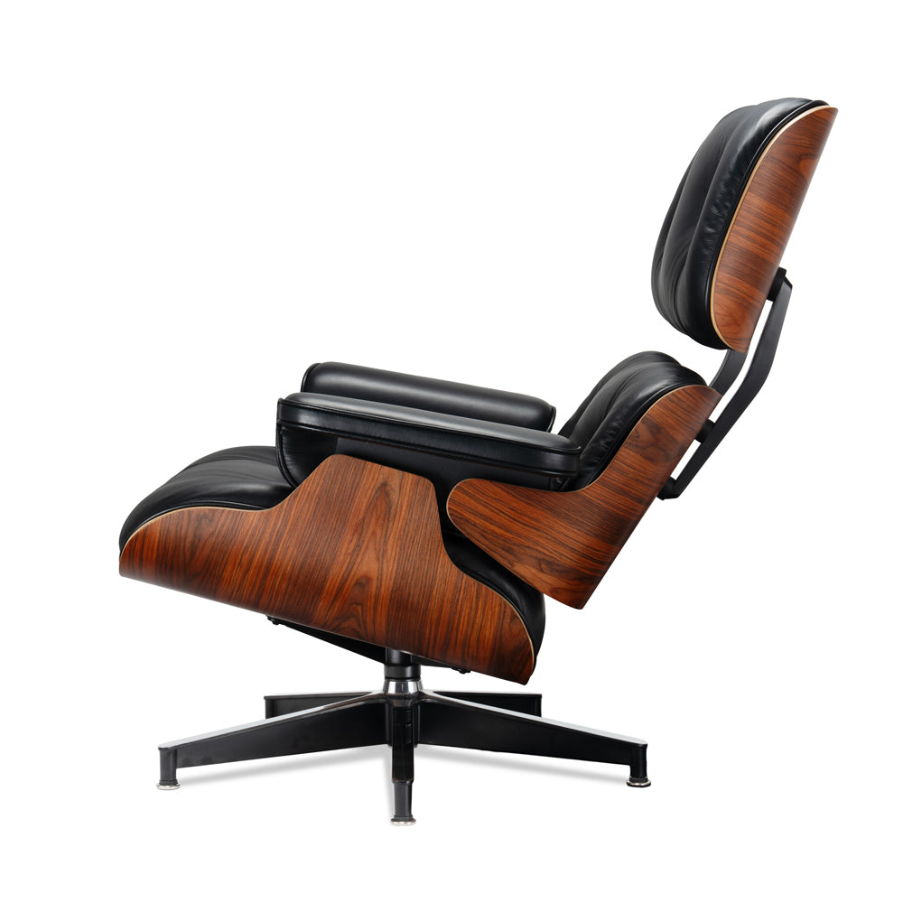 Mid-Century Chaise Lounge Chair in Top-Grain Leather- A+ Premium Taller - Red Rosewood - Black