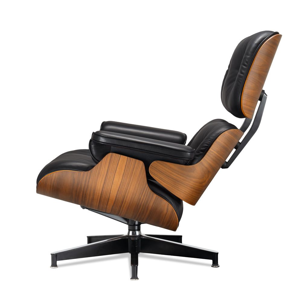 Mid-Century Chaise Lounge Chair in Top-Grain Leather- A+ Premium Taller - Walnut wood - Black