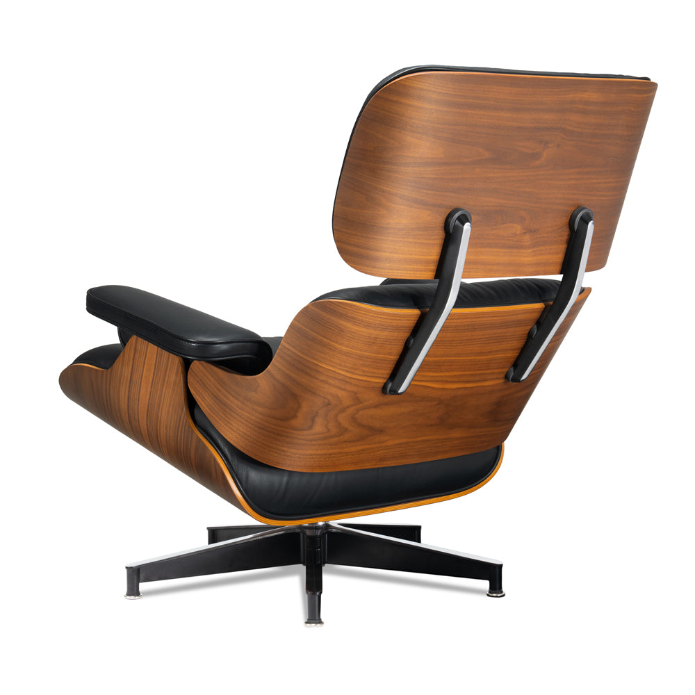 Mid-Century Chaise Lounge Chair in Top-Grain Leather- A+ Premium Taller - Walnut wood - Black