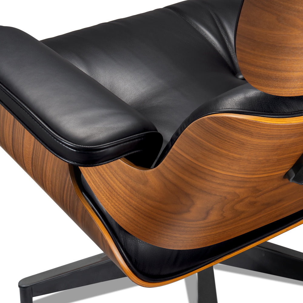 Mid-Century Chaise Lounge Chair in Top-Grain Leather- A+ Premium Taller - Walnut wood - Black