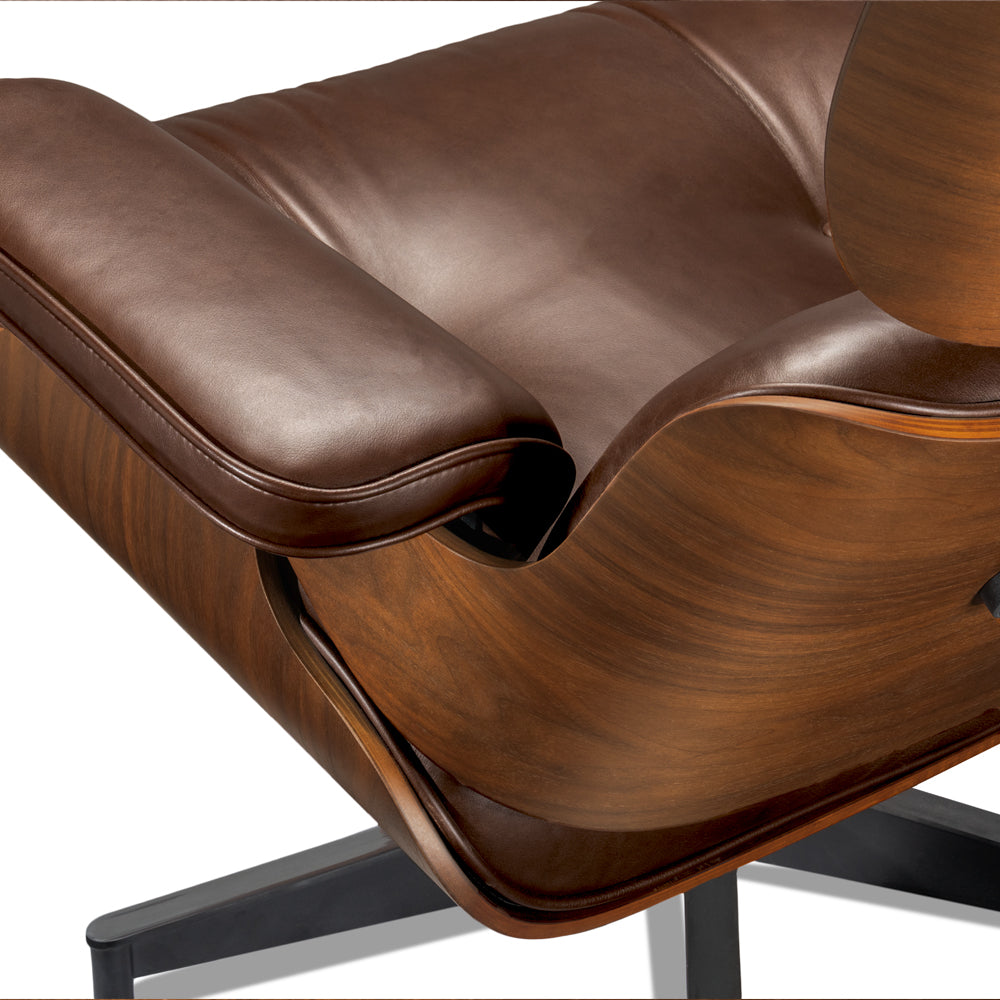 Mid-Century Lounge Chair and Ottoman - A+ Premium - Taller - Walnut wood - Wax leather - Vintage Brown