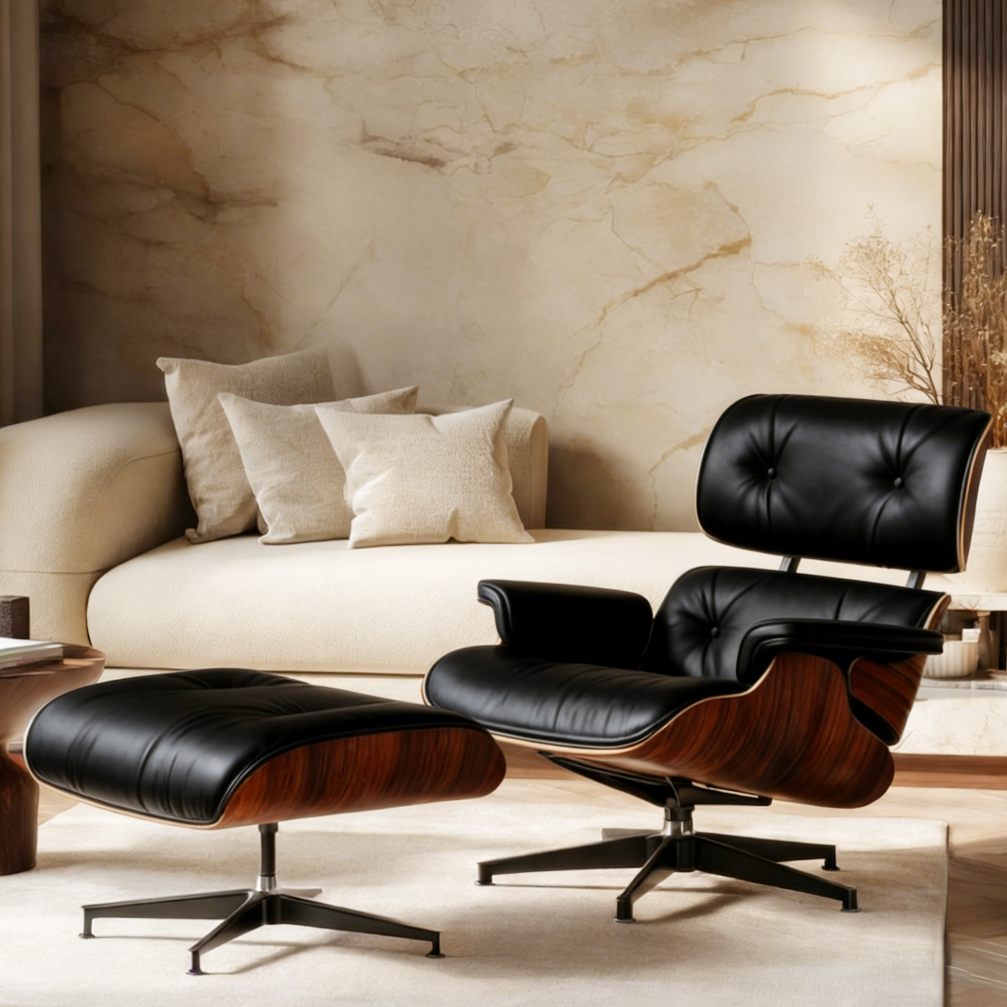 Mid-Century Lounge Chair and Ottoman - Taller - Walnut wood - Black