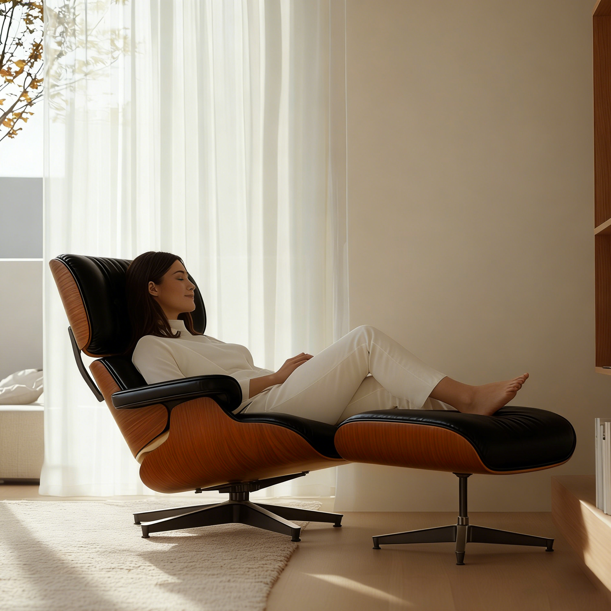 Mid-Century Lounge Chair and Ottoman - Taller - Walnut wood - Black