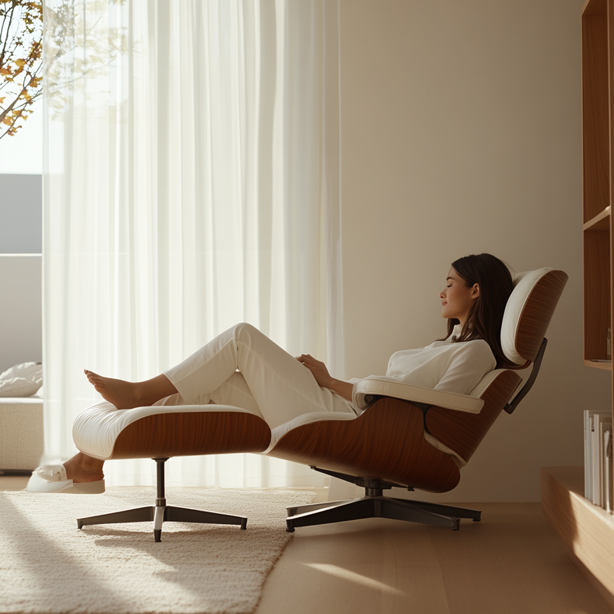 Mid-Century Lounge Chair and Ottoman - Taller - White