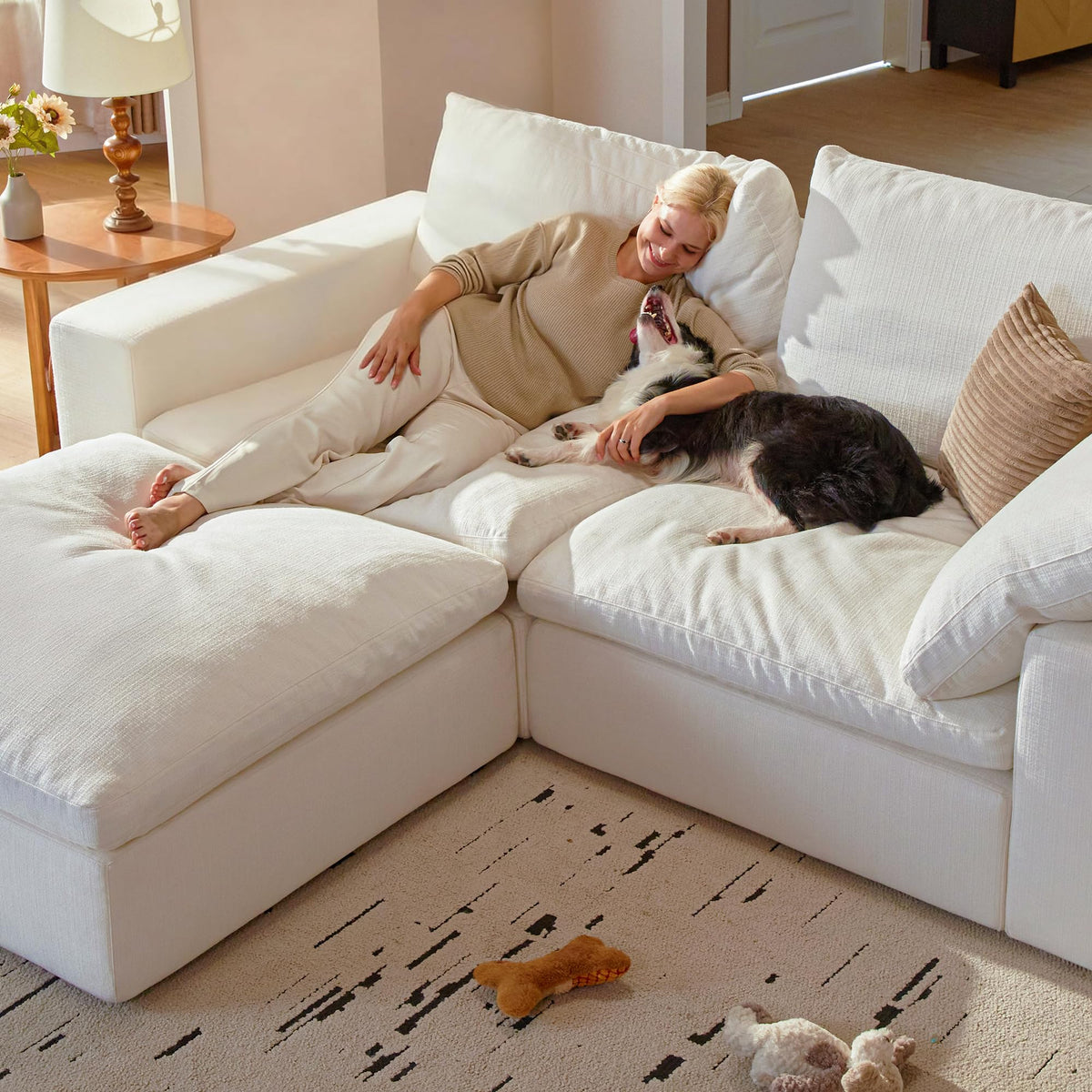 Vorthio 113.8" Oversized Deep Seat Modular Sectiona Sofa, L-Shaped White Sofa with Memory Foam and Storage Ottoman for Living Room,White