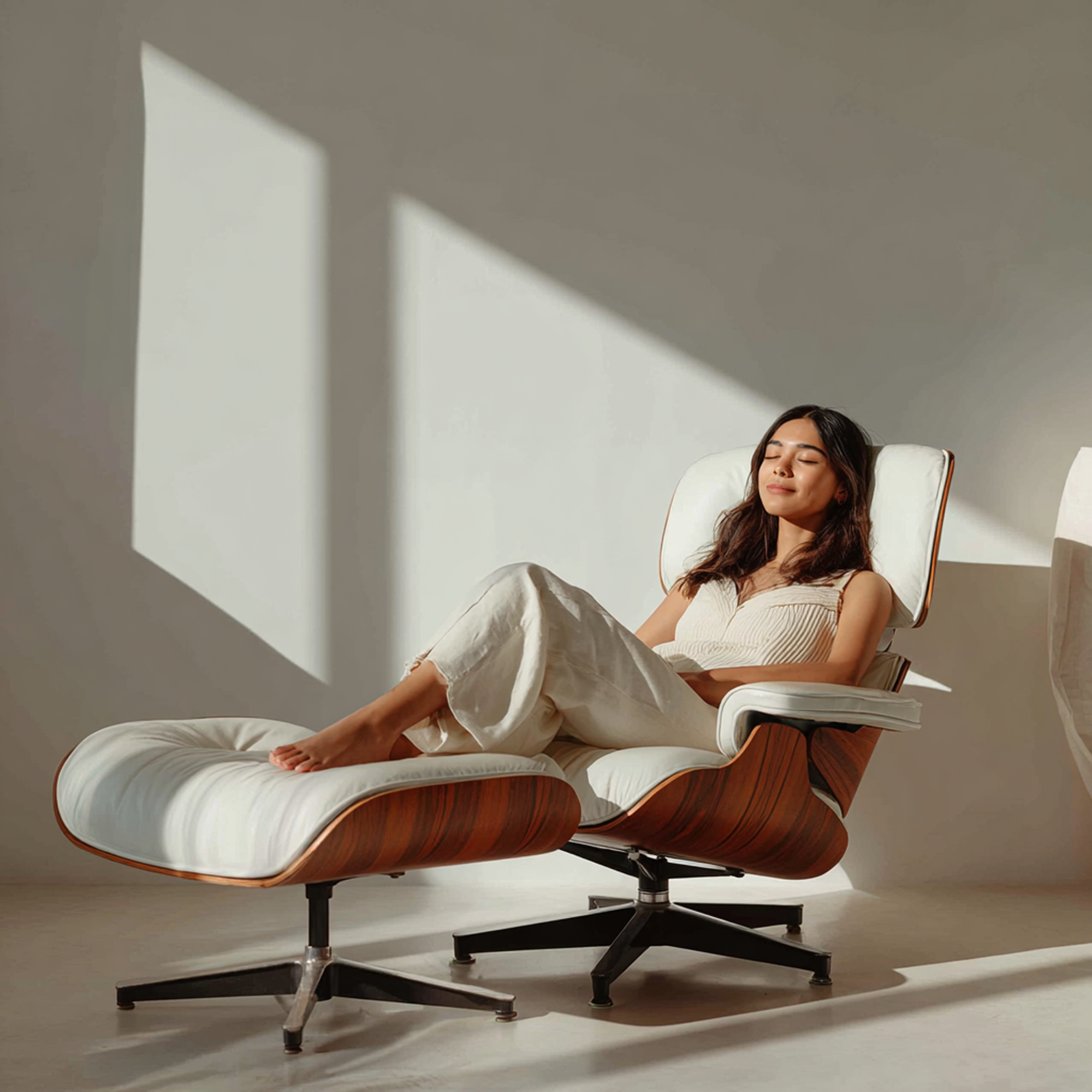 Mid-Century Lounge Chair and Ottoman - Taller - White