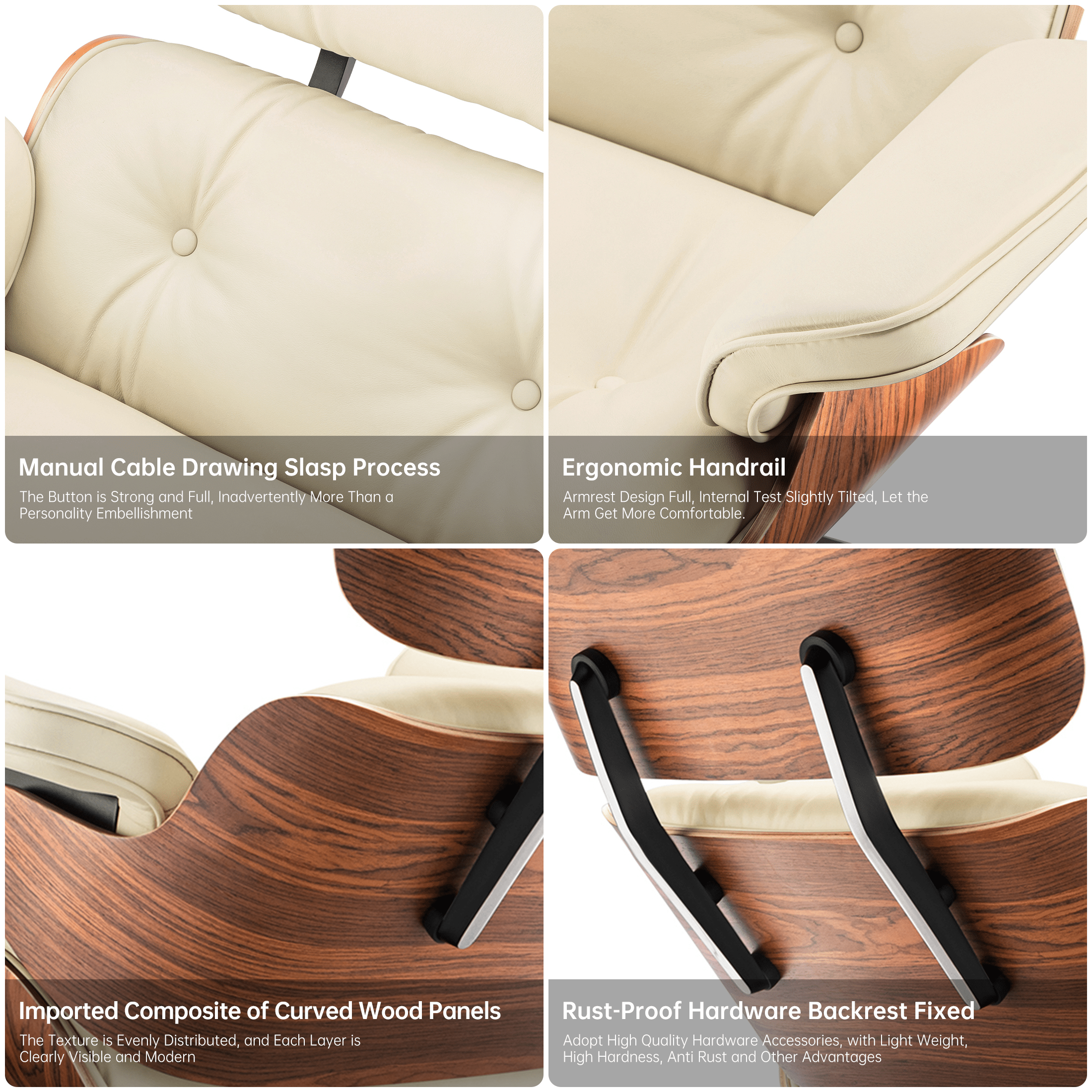 Mid - Century Lounge Chair and Ottoman - A+ Premium Taller Red Rosewood - Beige - Vorthio