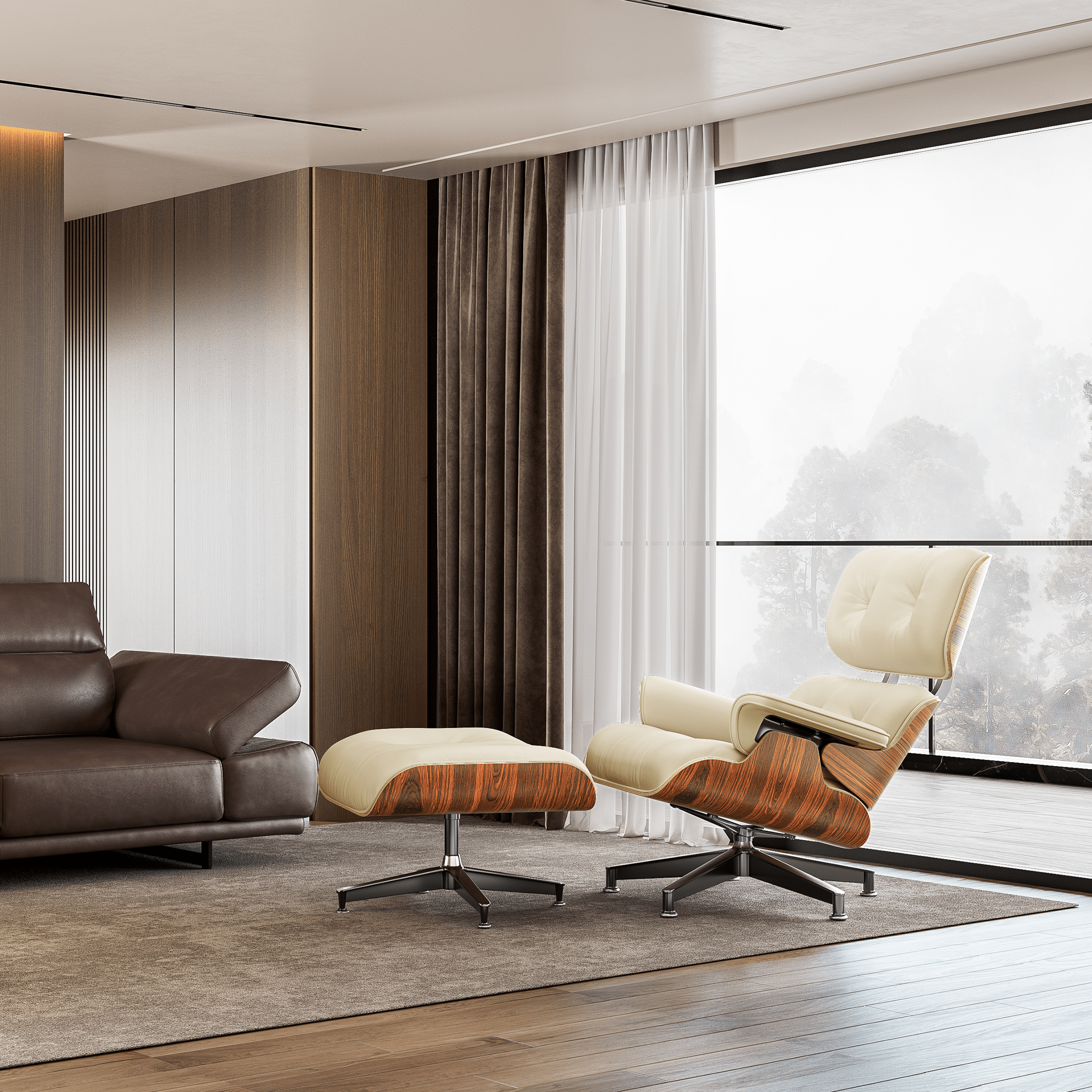 Mid - Century Lounge Chair and Ottoman - A+ Premium Taller Red Rosewood - Beige - Vorthio