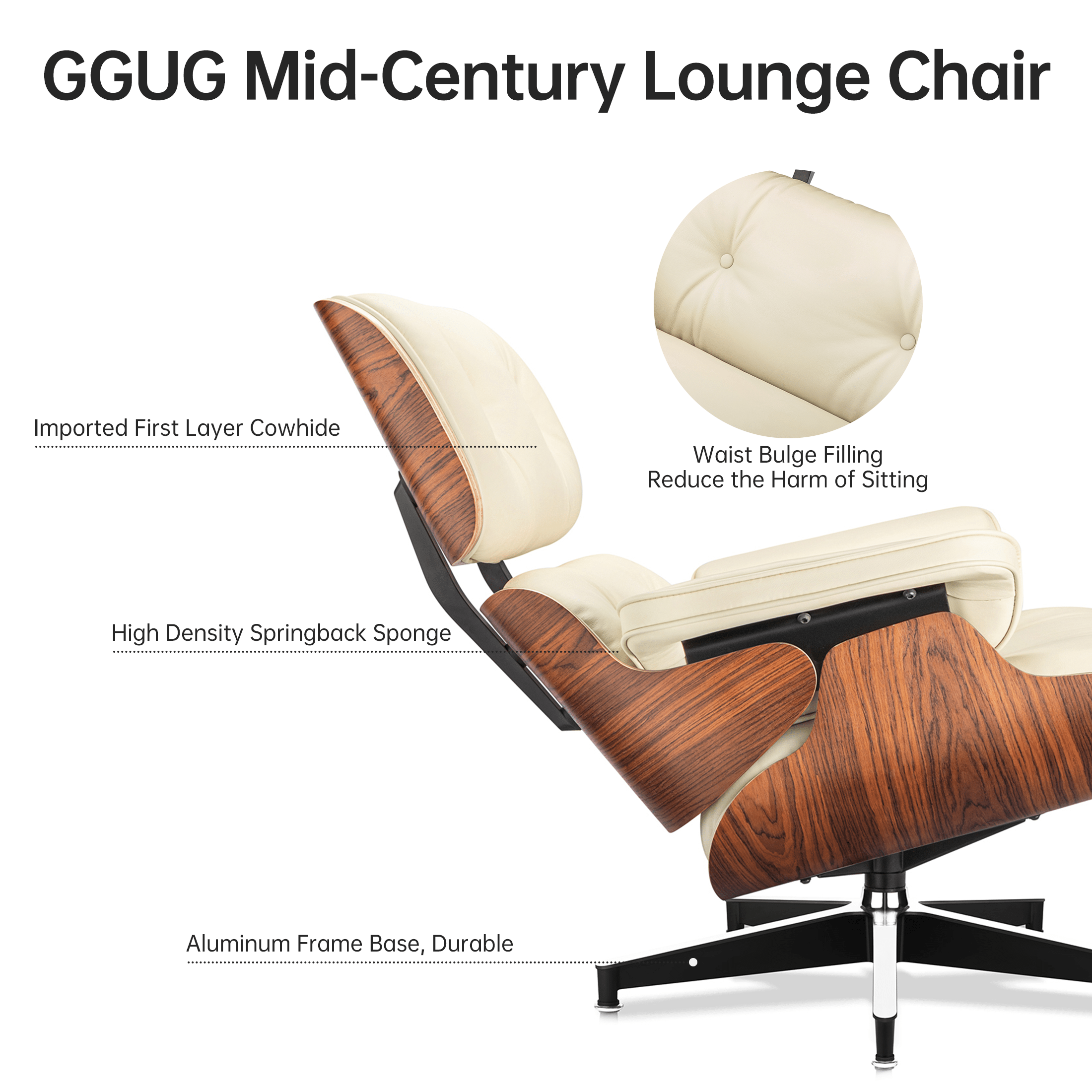 Mid - Century Lounge Chair and Ottoman - A+ Premium Taller Red Rosewood - Beige - Vorthio