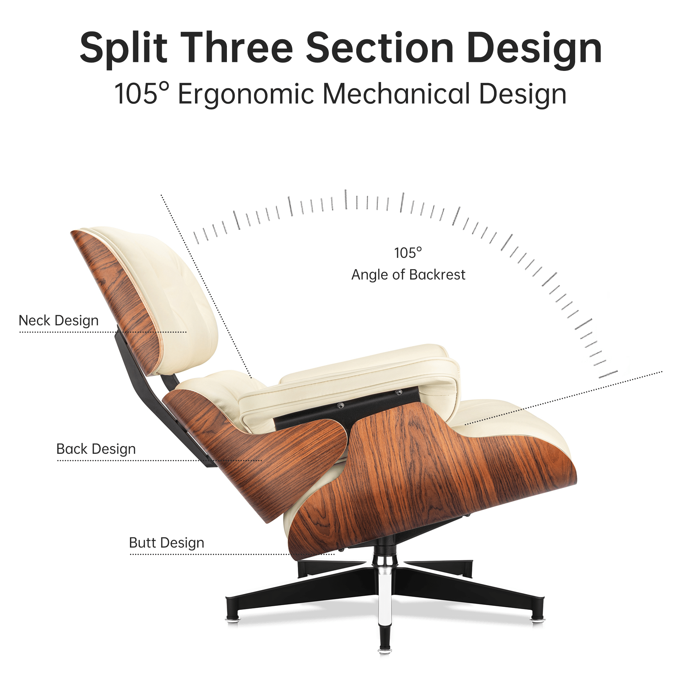 Mid - Century Lounge Chair and Ottoman - A+ Premium Taller Red Rosewood - Beige - Vorthio