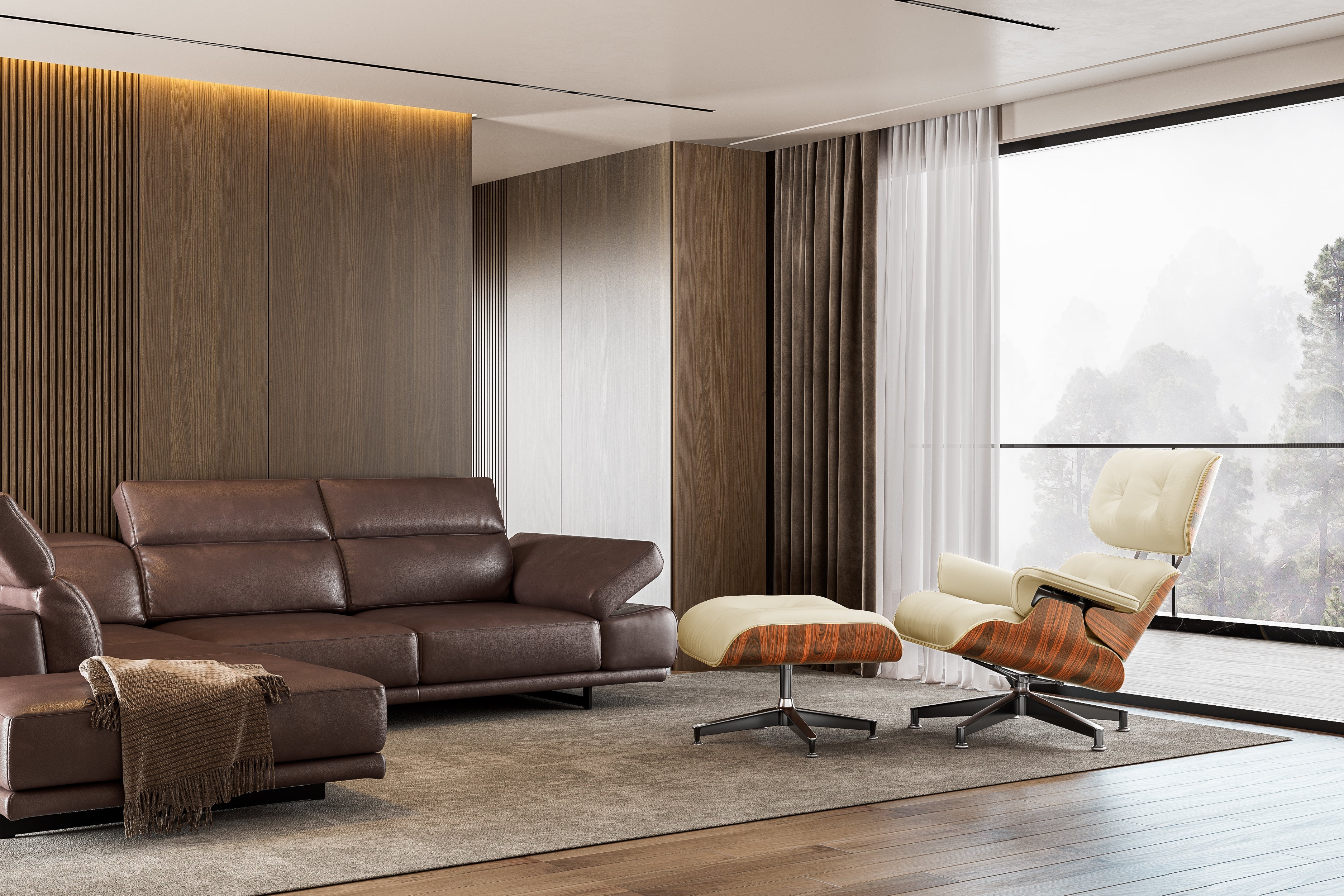 Mid - Century Lounge Chair and Ottoman - A+ Premium Taller Red Rosewood - Beige - Vorthio