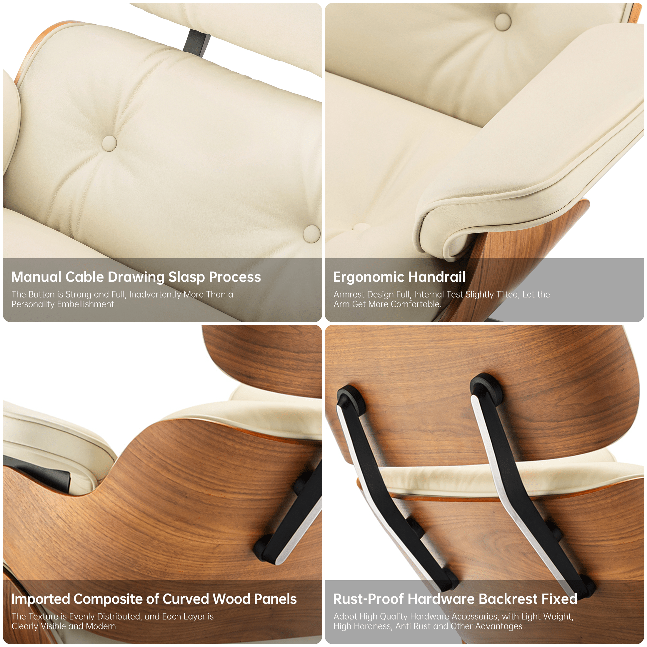 Mid - Century Lounge Chair and Ottoman - A+ Premium Taller Walnut wood - Beige - Vorthio