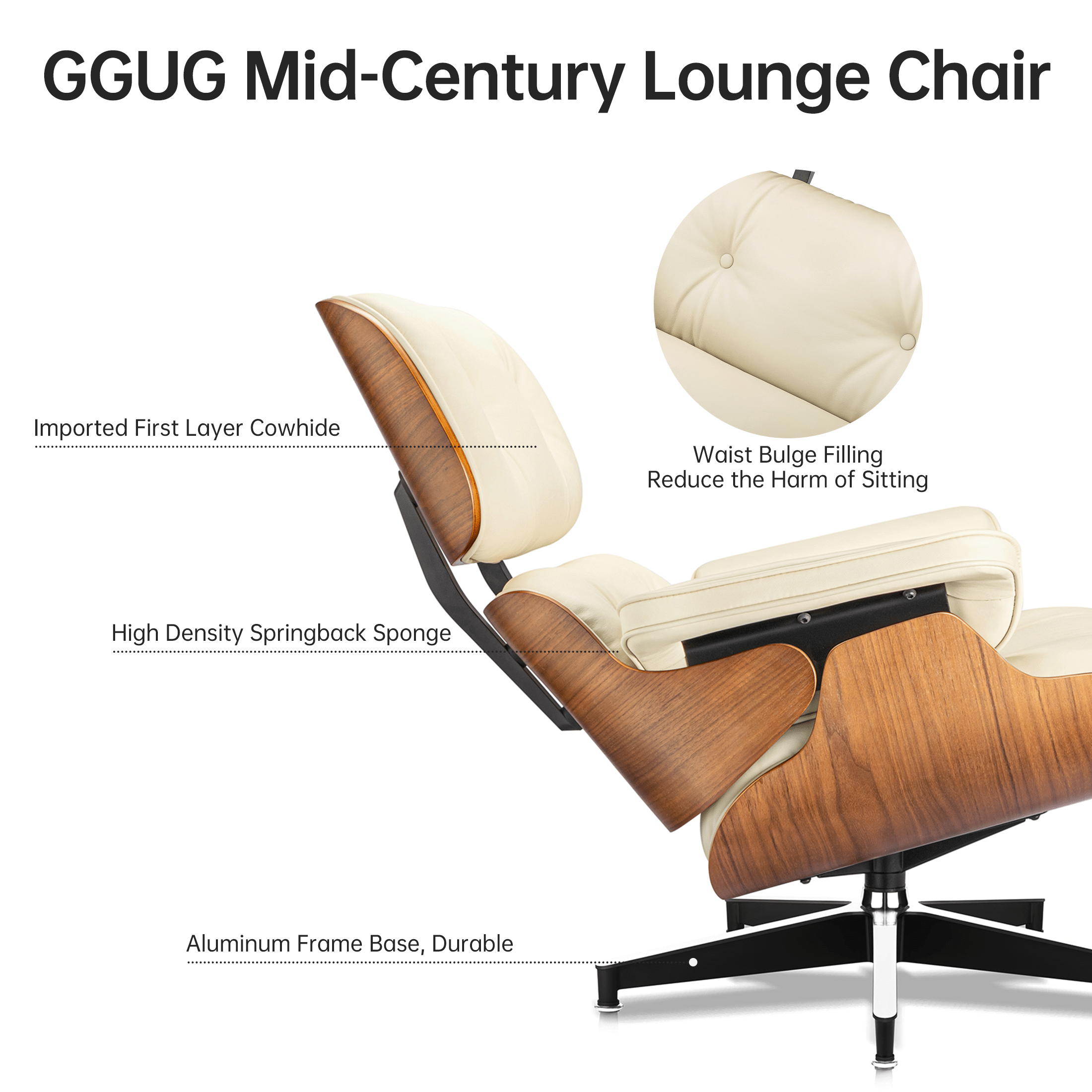 Mid - Century Lounge Chair and Ottoman - A+ Premium Taller Walnut wood - Beige - Vorthio