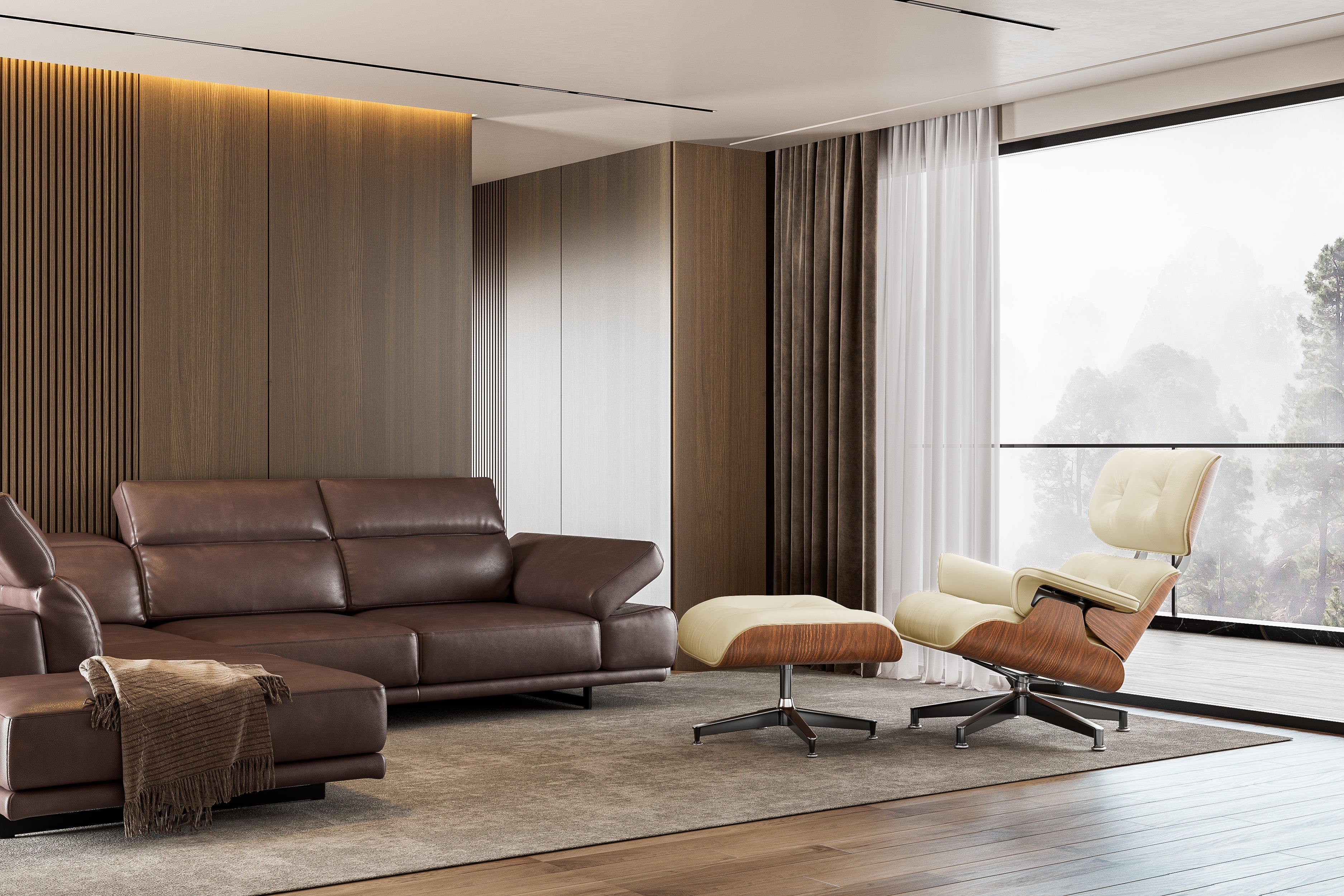 Mid - Century Lounge Chair and Ottoman - A+ Premium Taller Walnut wood - Beige - Vorthio