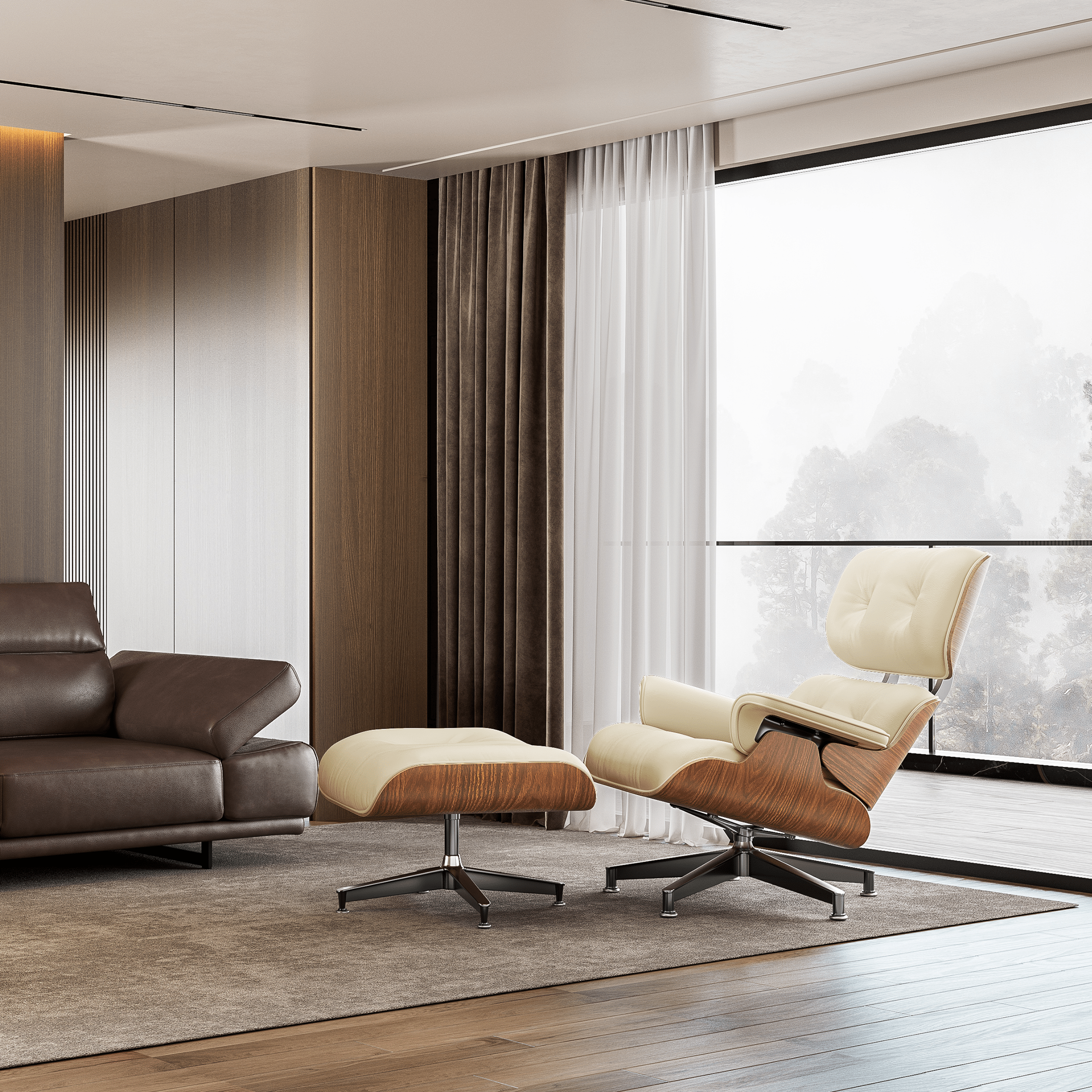 Mid - Century Lounge Chair and Ottoman - A+ Premium Taller Walnut wood - Beige - Vorthio