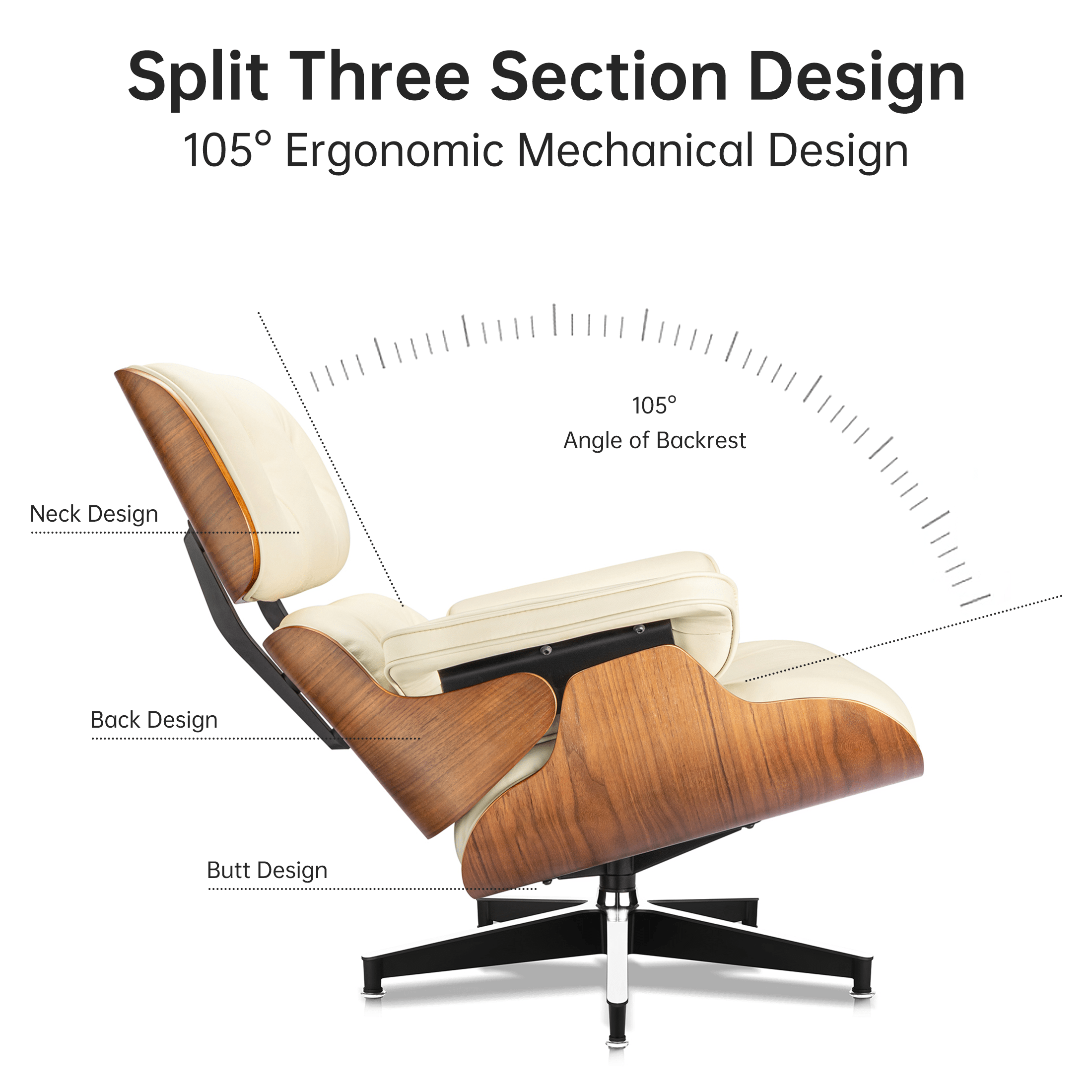 Mid - Century Lounge Chair and Ottoman - A+ Premium Taller Walnut wood - Beige - Vorthio