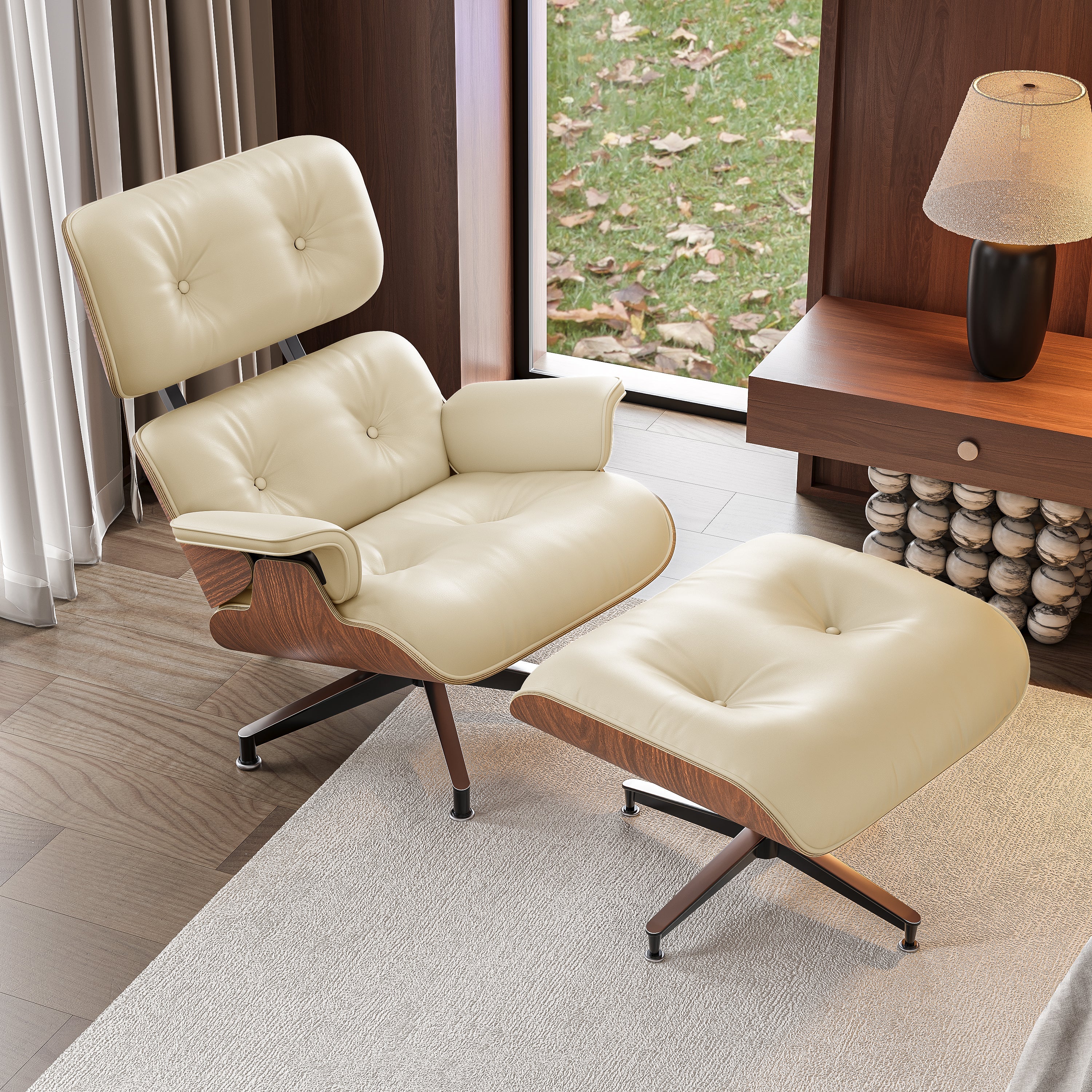 Mid - Century Lounge Chair and Ottoman - A+ Premium Taller Walnut wood - Beige - Vorthio