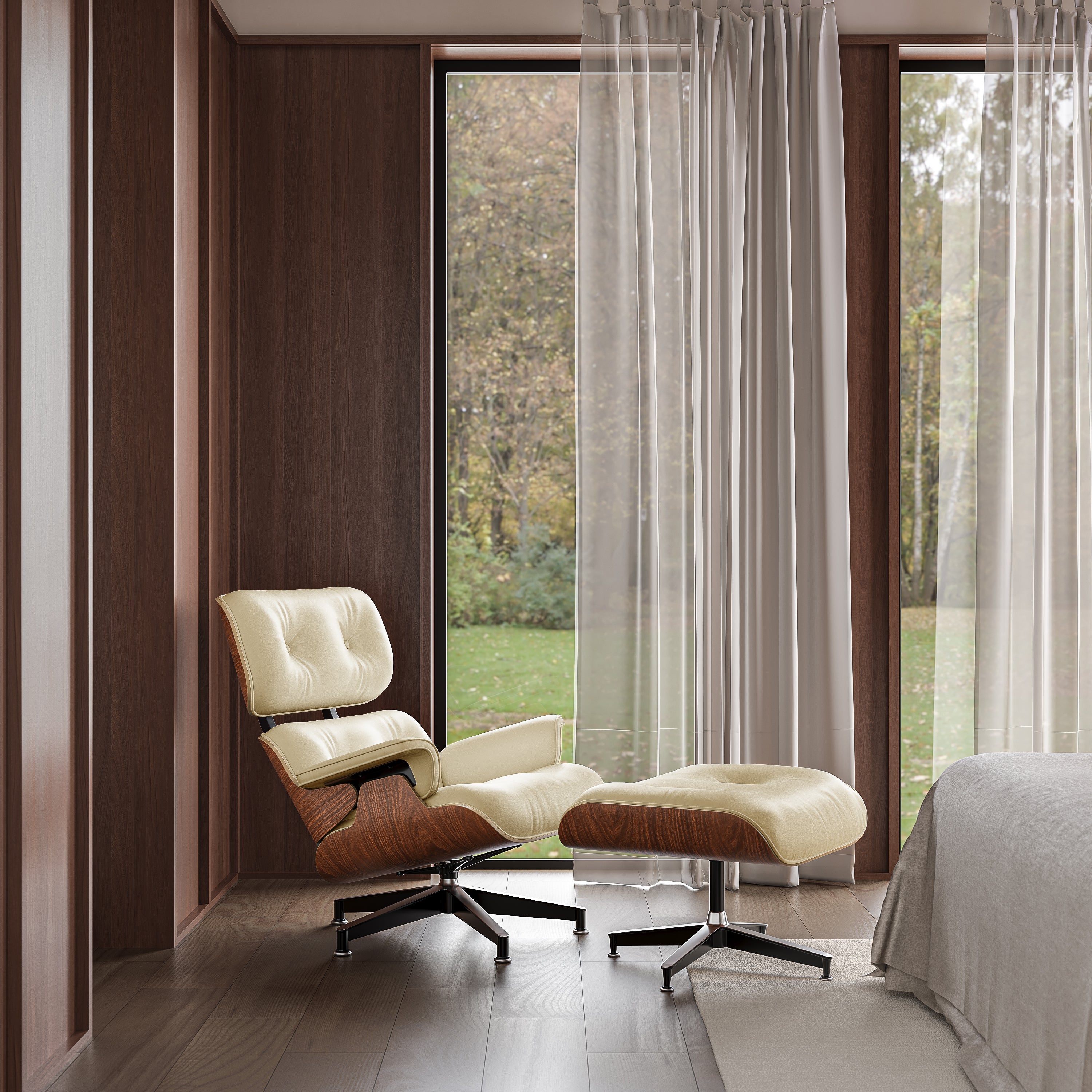Mid - Century Lounge Chair and Ottoman - A+ Premium Taller Walnut wood - Beige - Vorthio