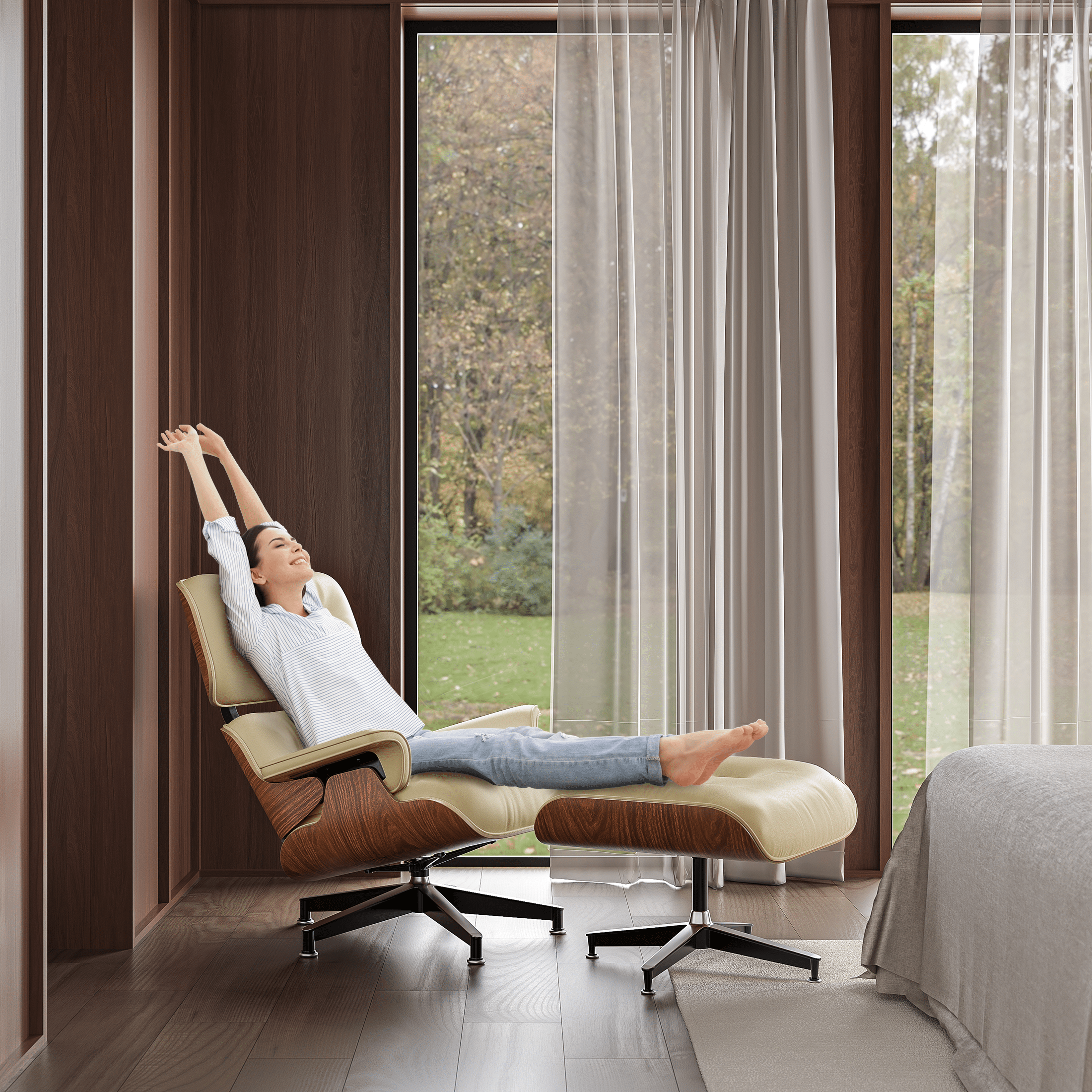 Mid - Century Lounge Chair and Ottoman - A+ Premium Taller Walnut wood - Beige - Vorthio
